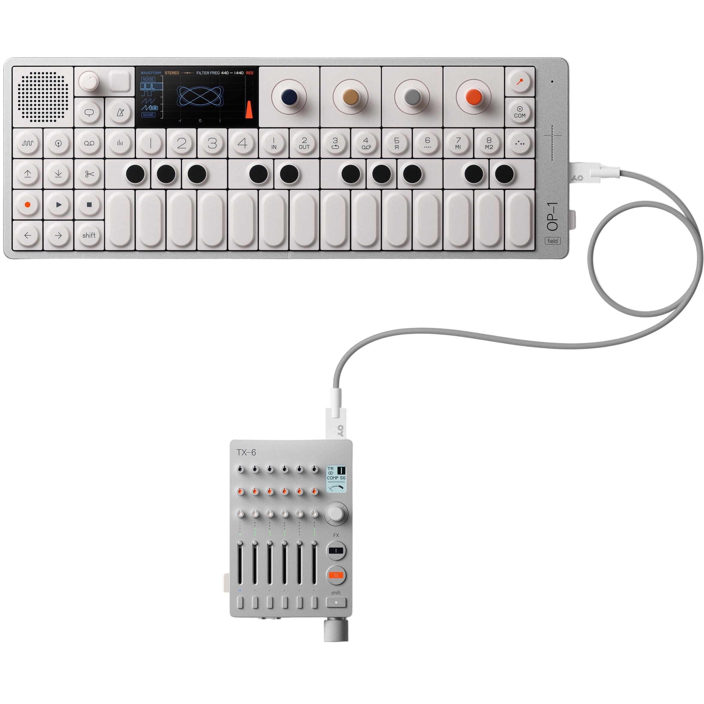 Teenage Engineering OP-1 Field synthesizer with compact design, colorful controls, and built-in screen for music production.