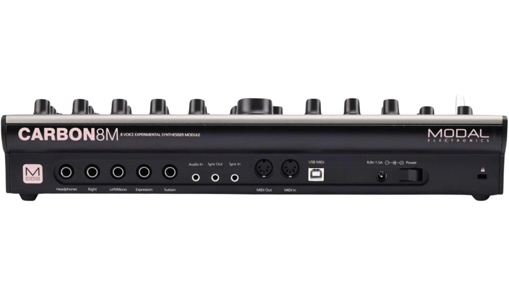 Modal Electronics Carbon8M desktop synthesizer with control knobs, buttons, and a digital display on a sleek black panel.