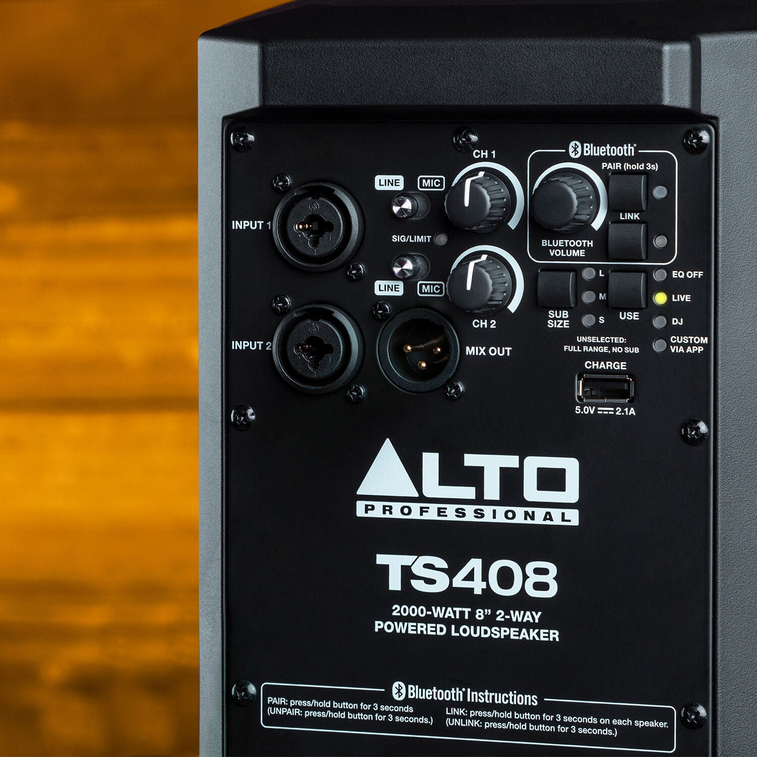Alto Professional TS408 PA speaker system with black enclosure and control panel, used for live sound reinforcement.