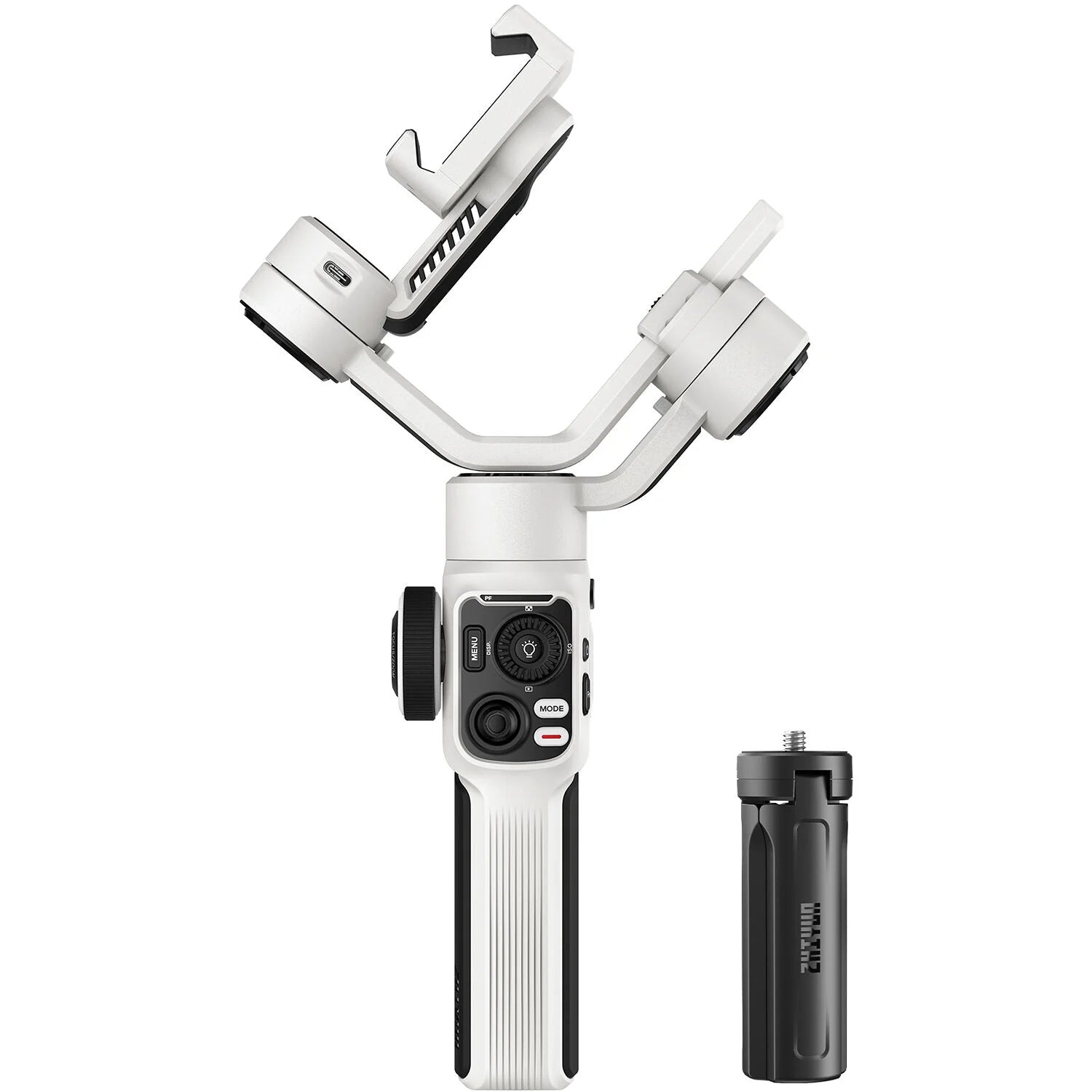 Zhiyun Smooth 5S handheld stabilizer for smartphones and cameras, featuring adjustable gimbal arms and control buttons.
