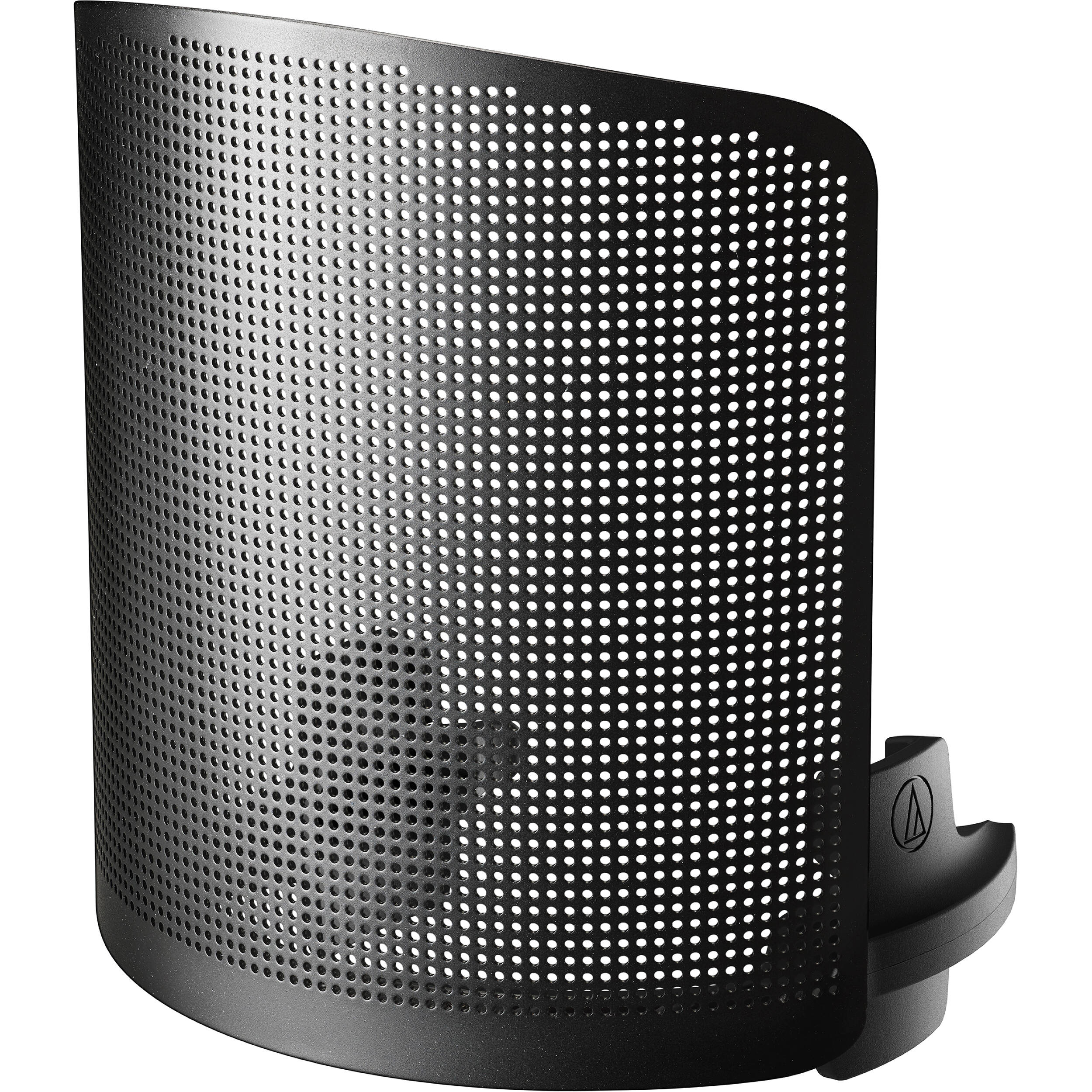 Audio Technica microphone pop filter (AT8175) attached to a microphone, designed to reduce plosive sounds during vocal recording.