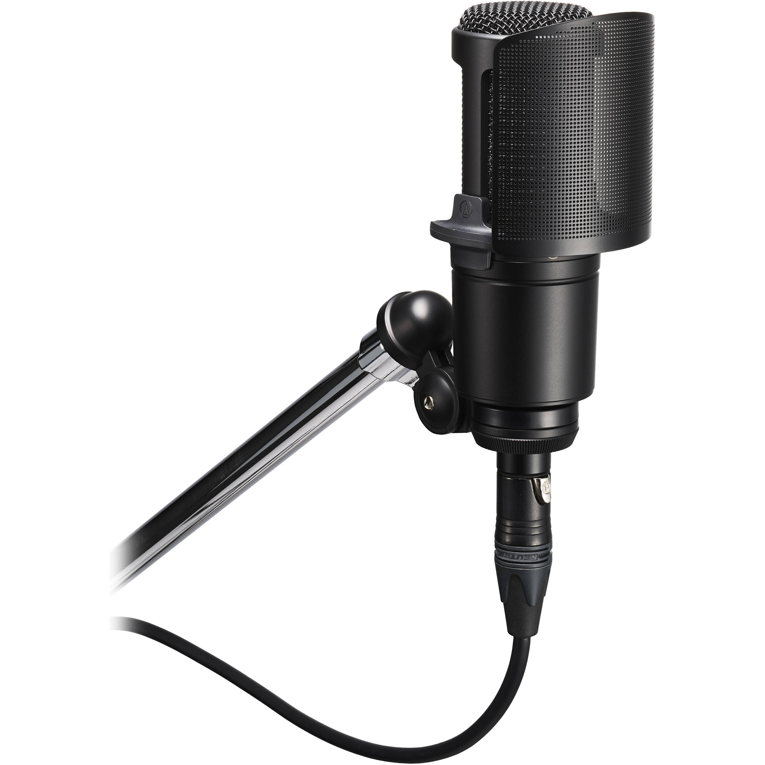 Audio Technica AT8175 microphone pop filter attached to a microphone for reducing plosive sounds during recording session.