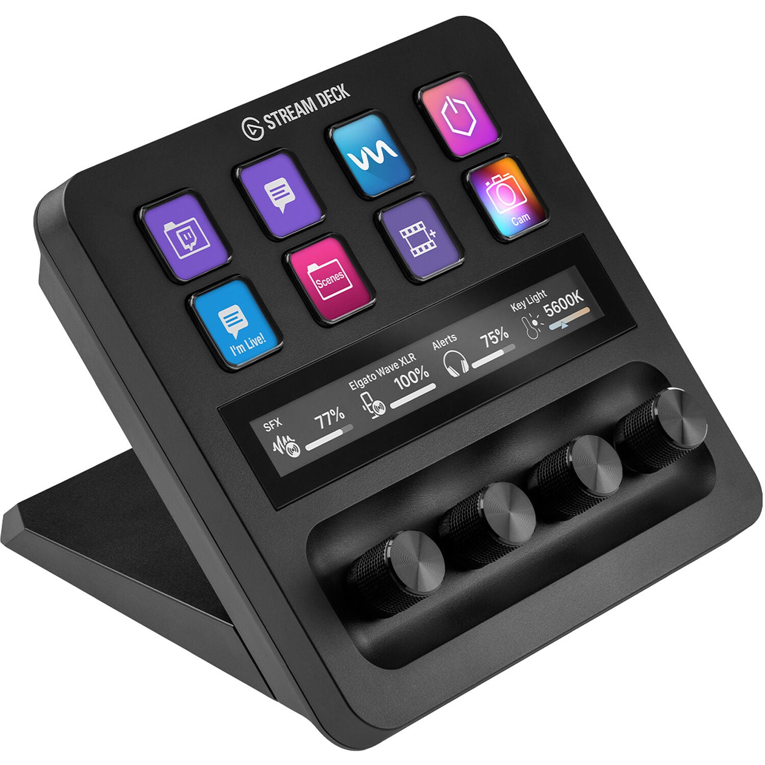 Elgato Stream Deck+ video editing controller with customizable buttons and LCD screens for efficient content creation.