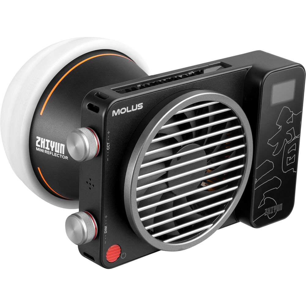 Zhiyun Molus X100 Bi-Color LED lights combo with adjustable brightness and color temperature, shown with mounting accessories.