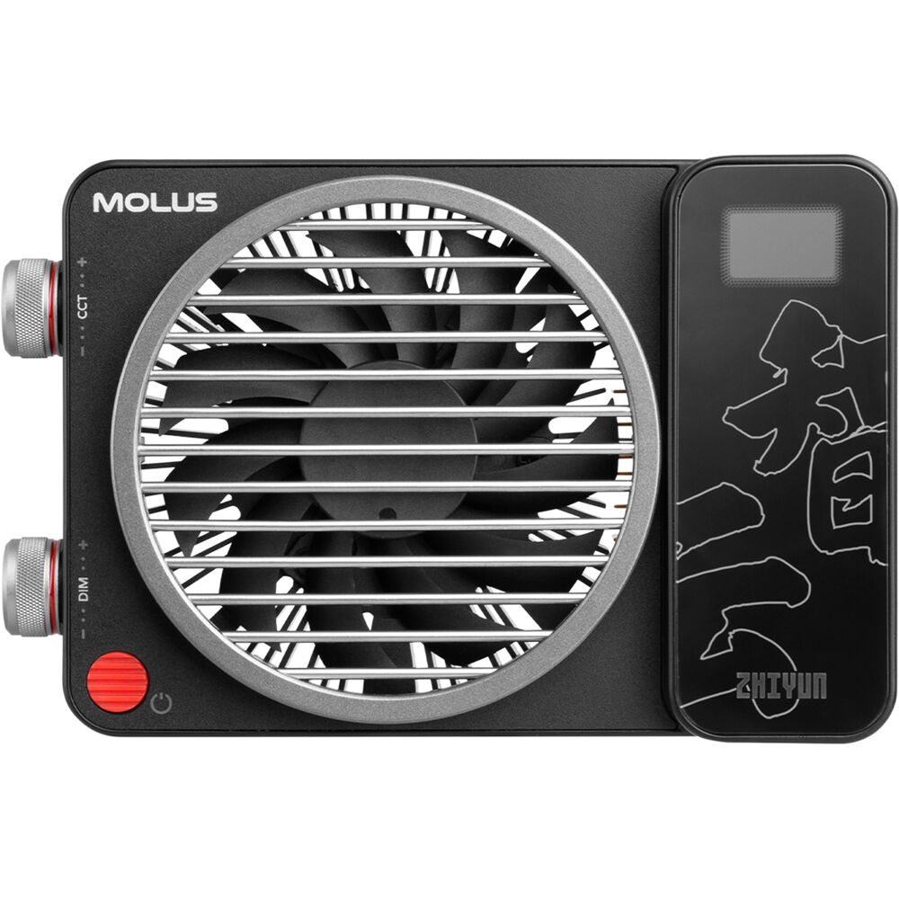 Zhiyun Molus X100 bi-color LED lights in a combo package, showing adjustable light panels with control knobs and mounting accessories.