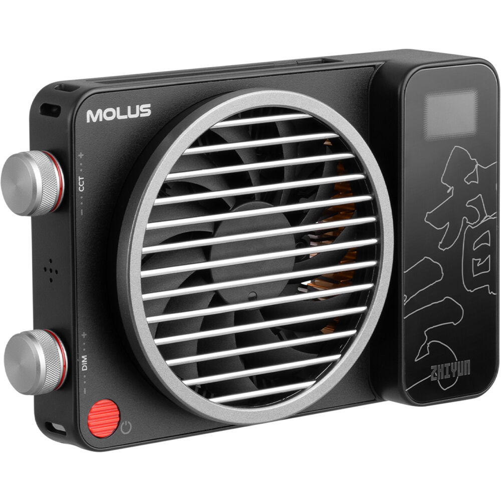 Zhiyun Molus X100 Bi-Color LED lights with adjustable panels, mounted on stands for professional photography or video lighting setups.