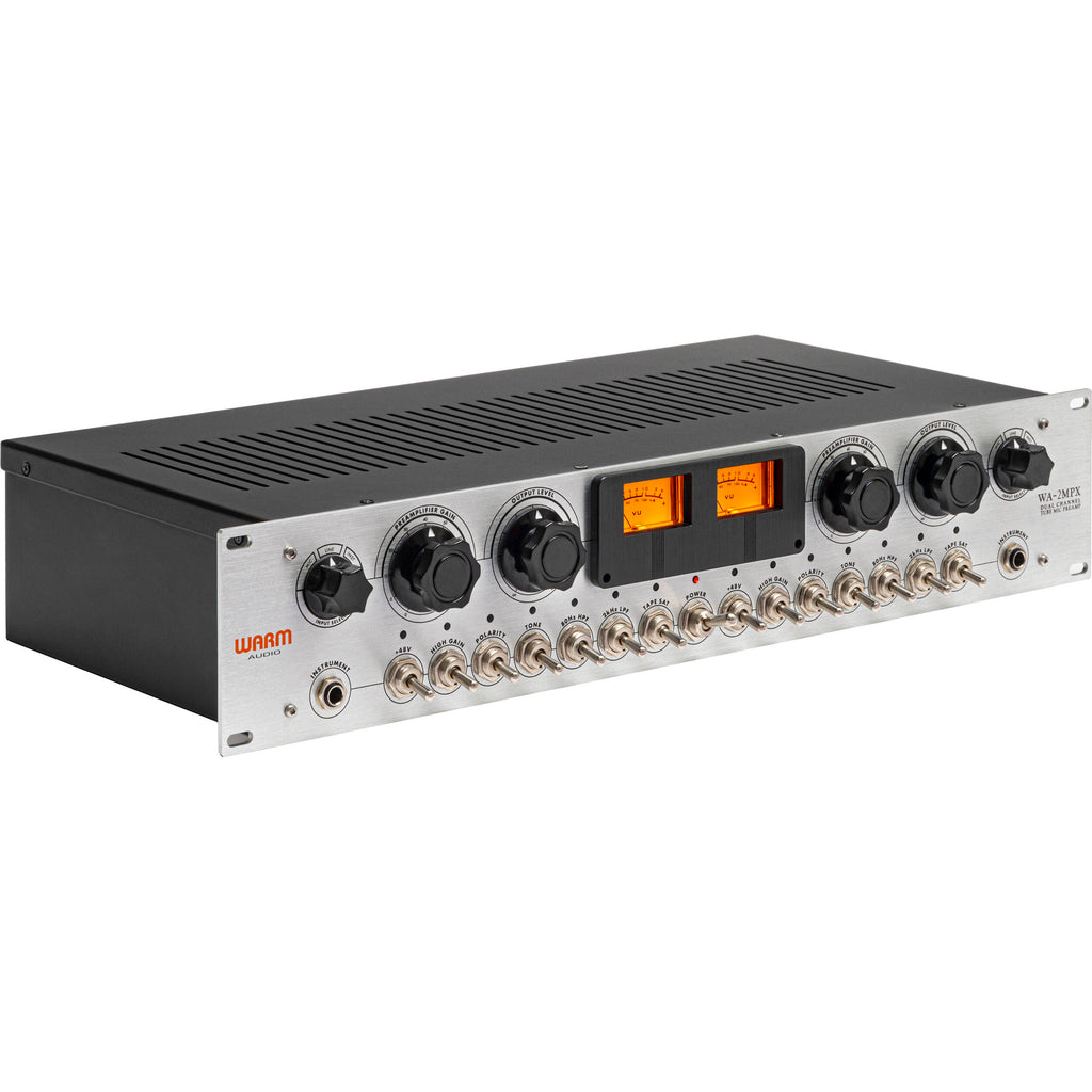Warm Audio WA-2MPX microphone preamp with control knobs and input/output ports on a black metal chassis.