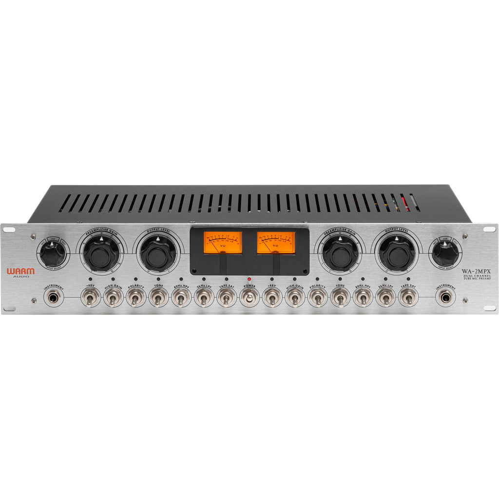 Warm Audio WA-2MPX microphone preamp with control knobs and input/output connections, used for professional audio recording.