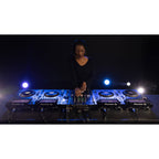 Pioneer DJM-A9 DJ mixer with multiple knobs, sliders, and digital display, designed for professional DJ performances.