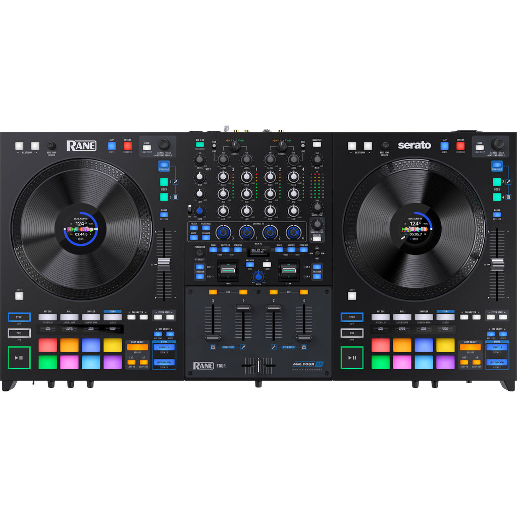 Rane Four DJ controller with touch-sensitive jog wheels, multiple knobs, and performance pads for professional mixing.