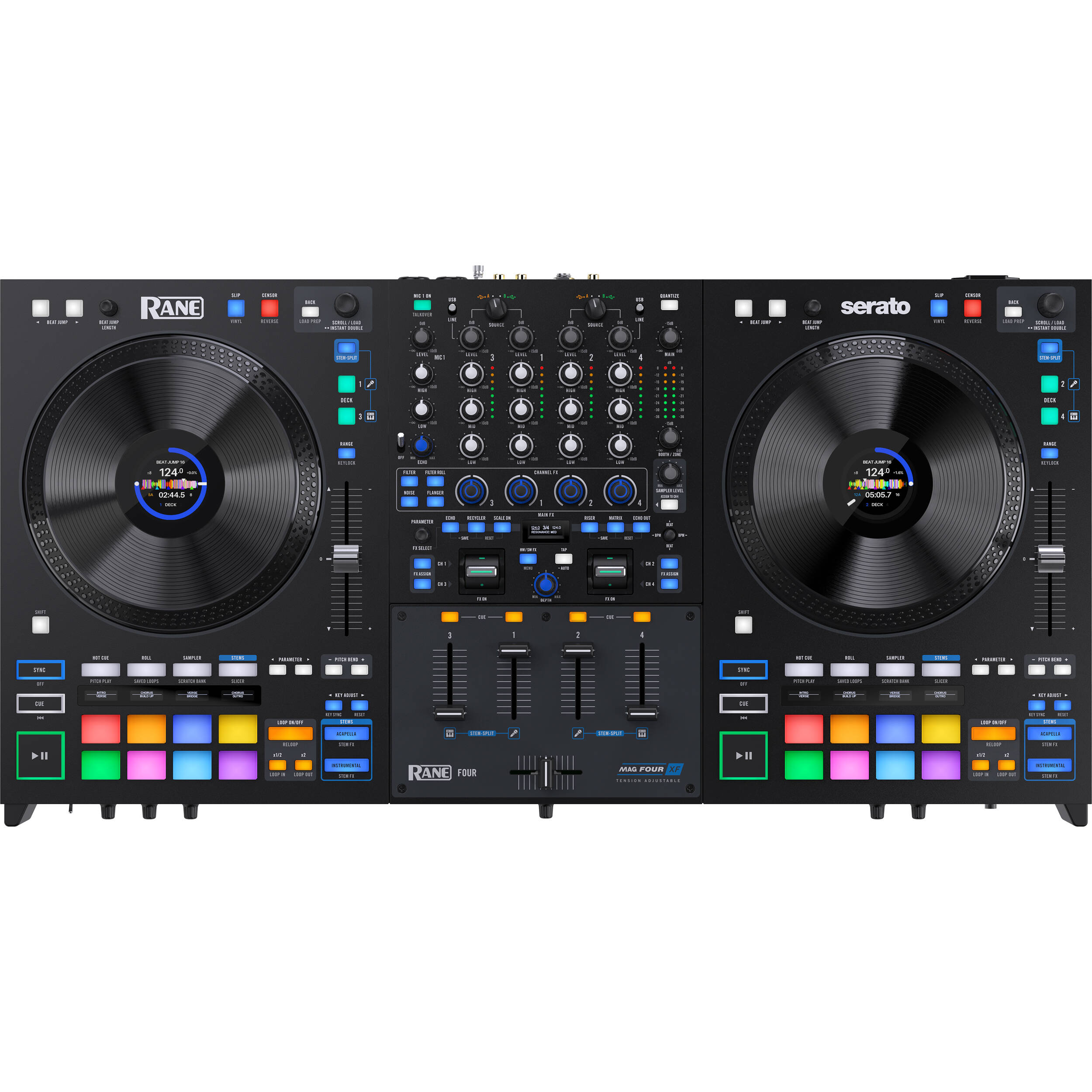 Rane Four DJ controller with touch-sensitive jog wheels, multiple knobs, and performance pads for professional mixing.