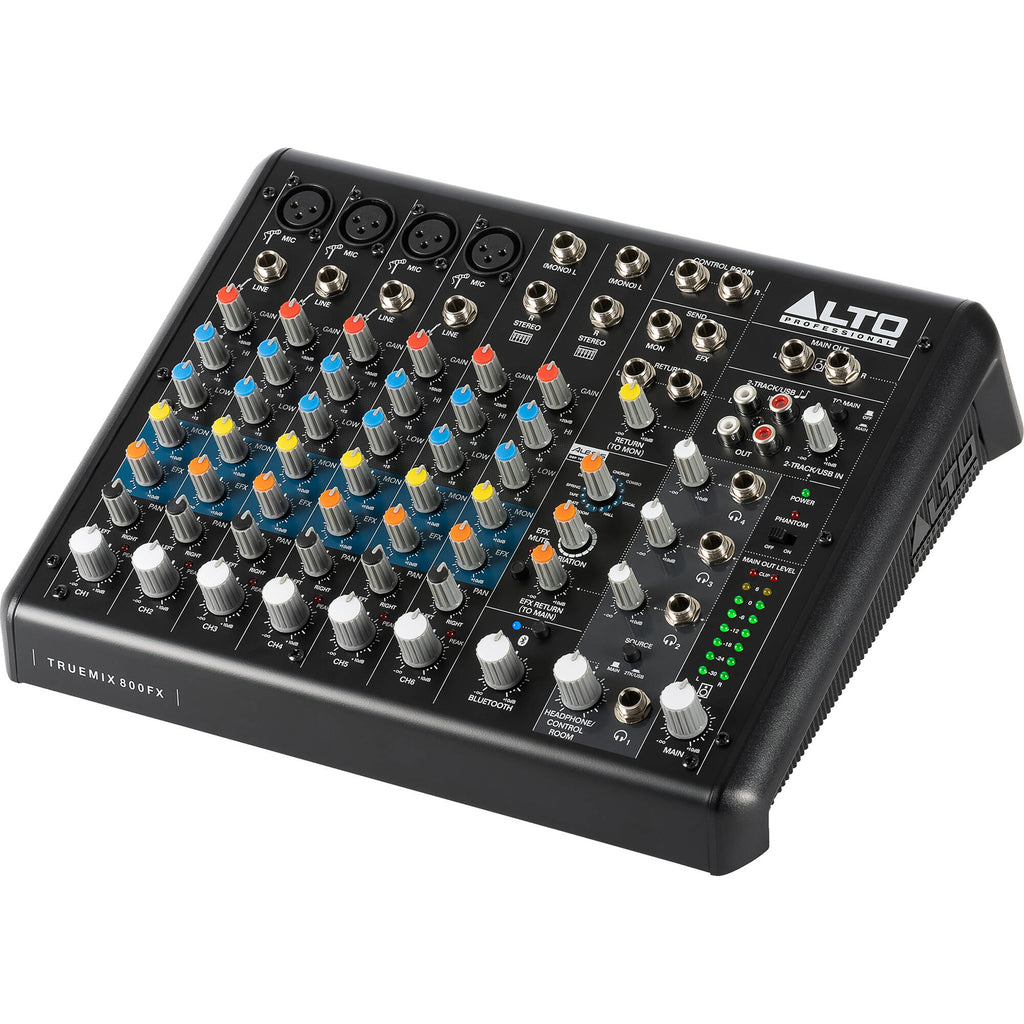 Alto Professional TrueMix 800FX analog mixer with multiple input channels and professional audio controls.