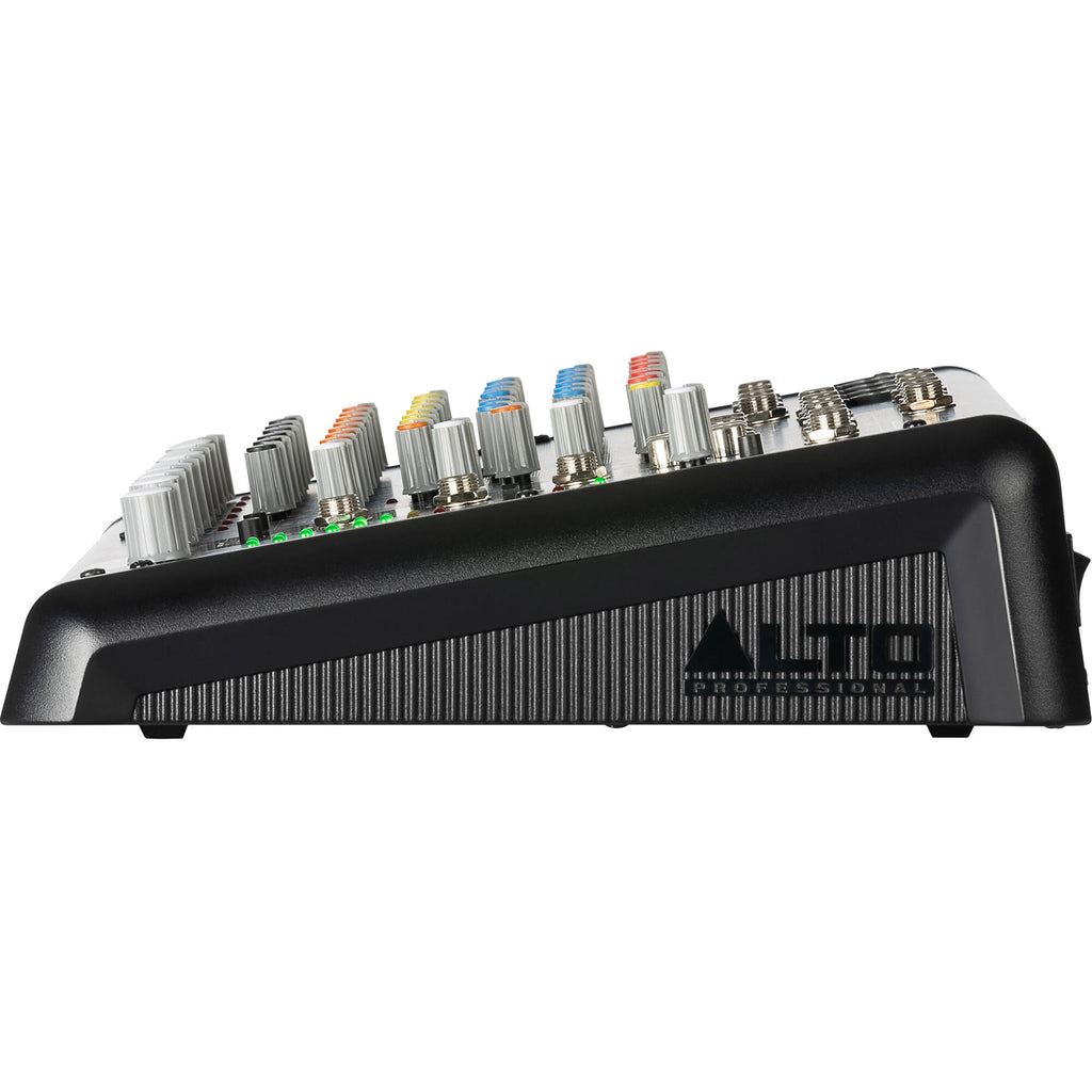 Alto Professional TrueMix 800FX analog mixer with multiple input channels and control knobs on a sleek black surface.