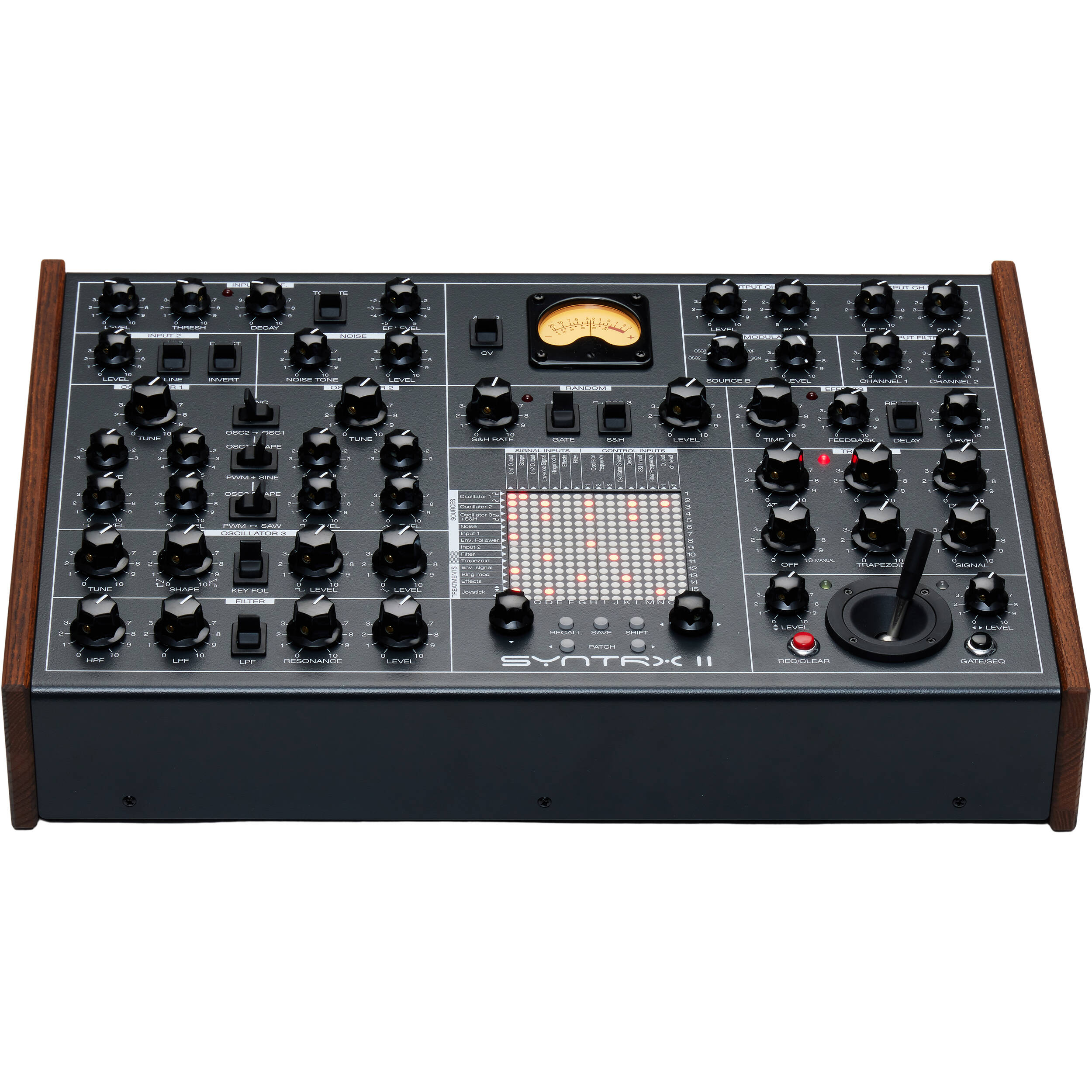 Erica Synths SYNTRX II desktop synthesizer with knobs, buttons, and screen, showcasing its compact electronic music production interface.