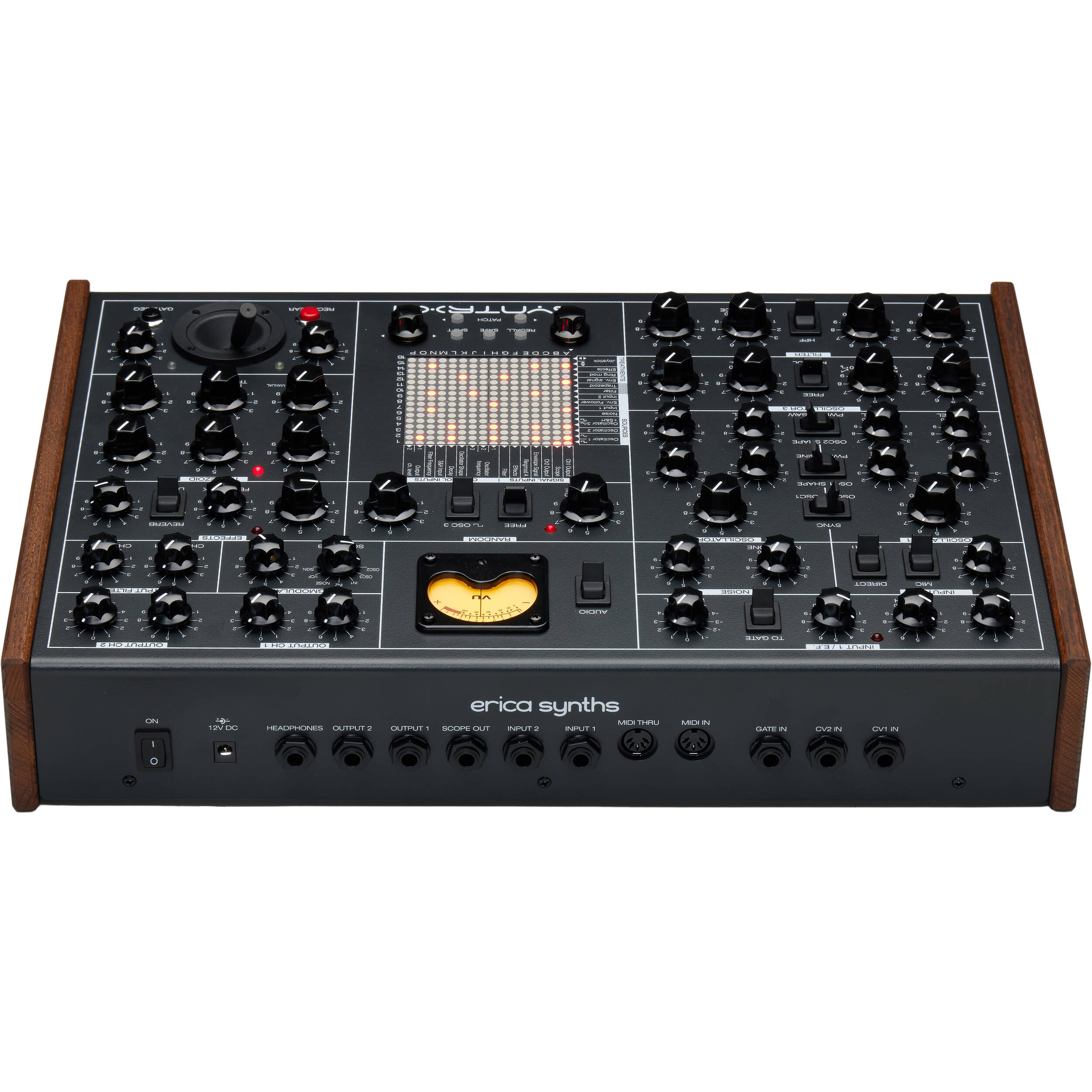 Erica Synths SYNTRX II desktop synthesizer with knobs, buttons, and patch points on a black module with colorful accents.