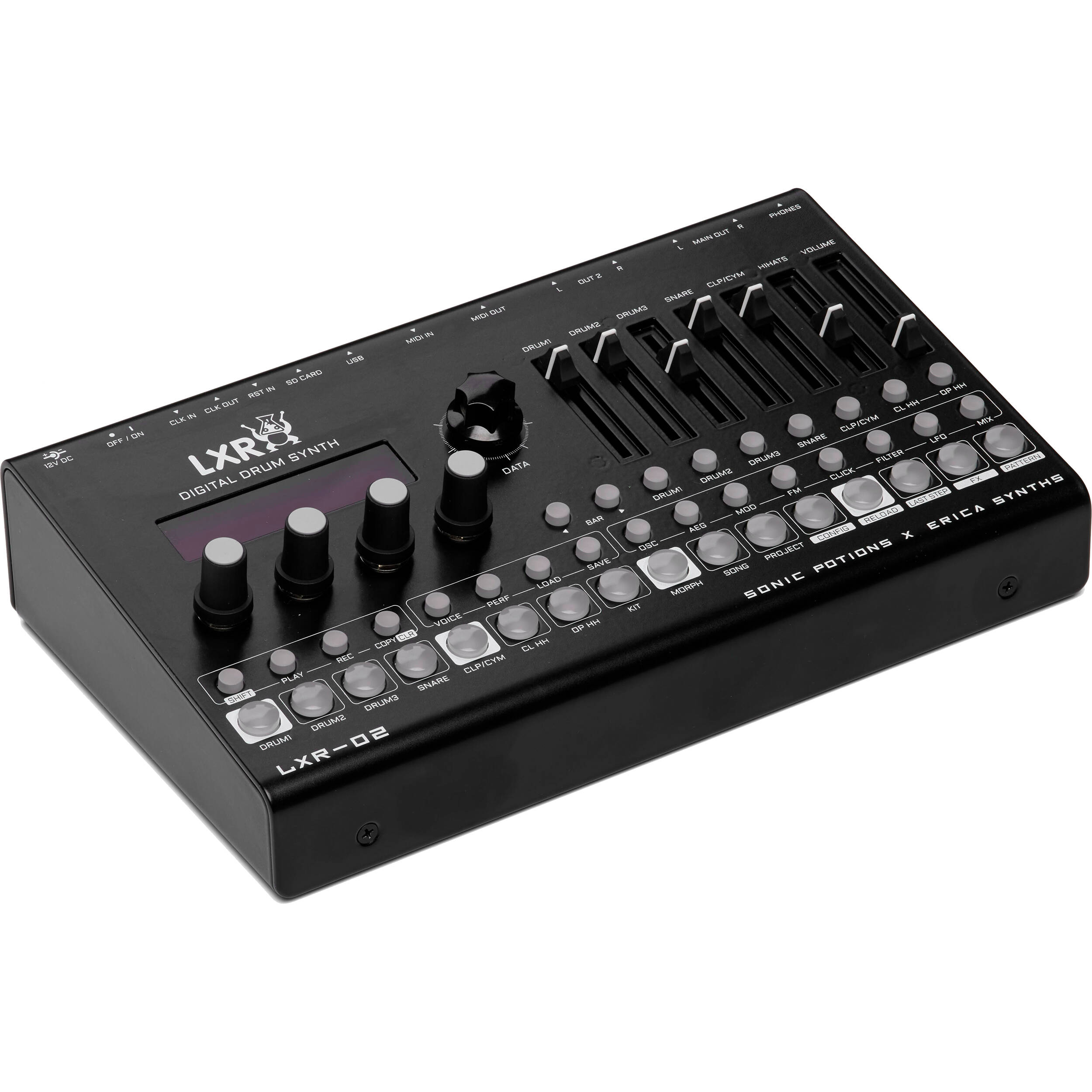 Erica Synths LXR-02 Drum Synthesizer showing control knobs, buttons, and colorful interface on a black panel.