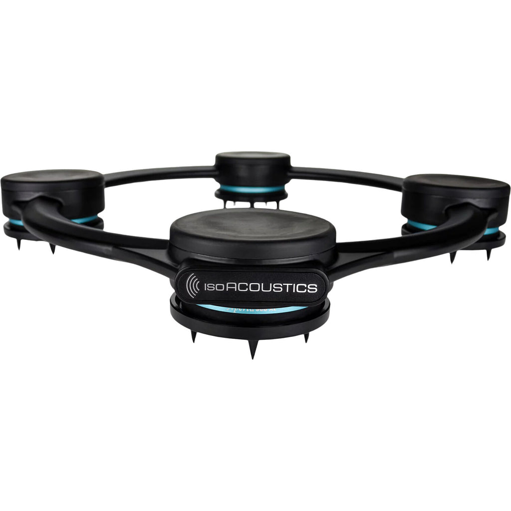 IsoAcoustics Aperta SUB XL speaker stands with sleek design and adjustable height for optimal audio positioning.