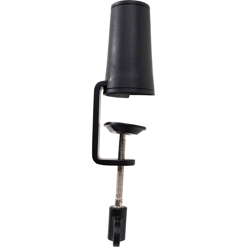 Shure SH-BROADCAST1 broadcast microphone arm mounted on a desk with adjustable arms and professional audio equipment.