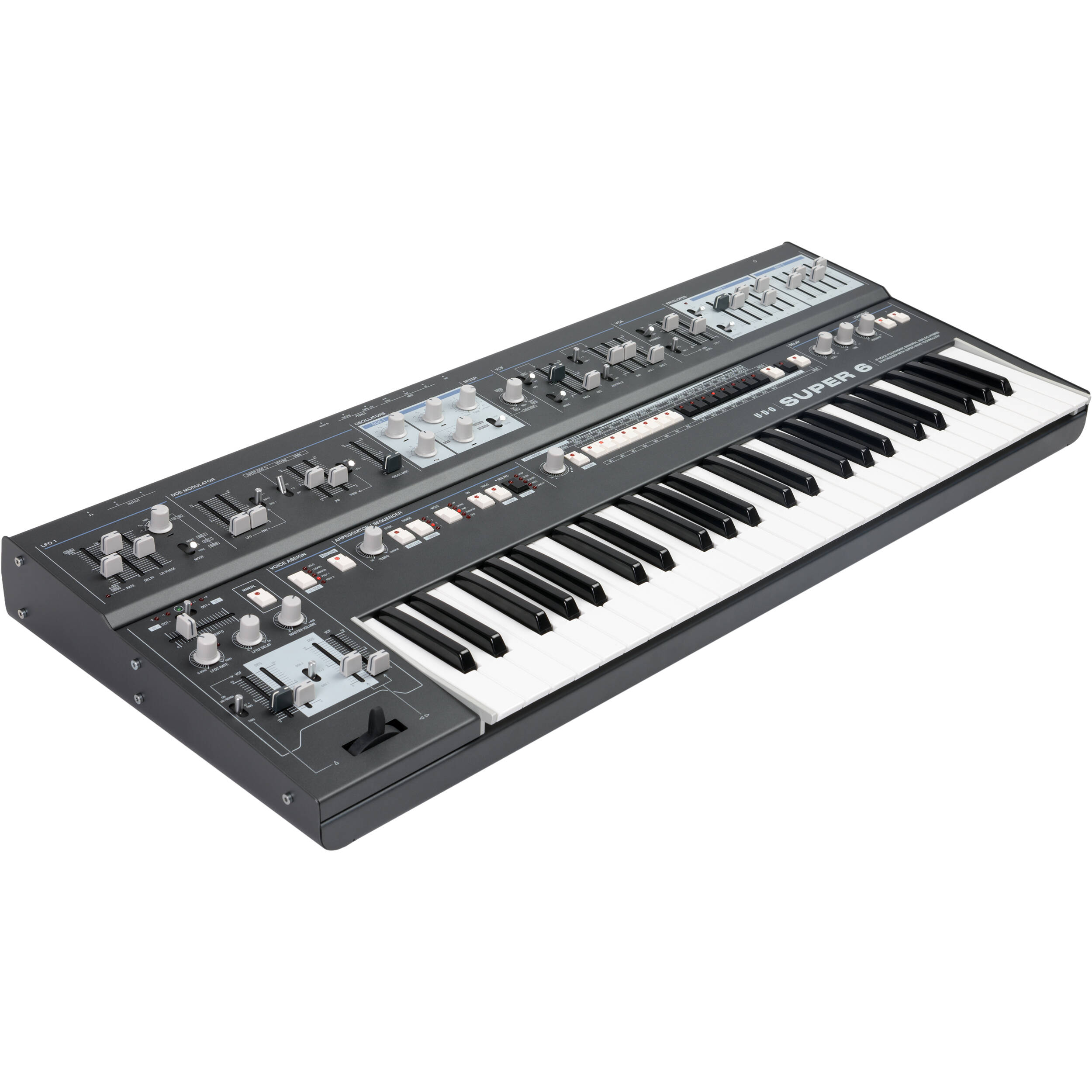 UDO Audio Super 6 synthesizer keyboard with multiple knobs and keys, showcasing its sleek black design and control panel.