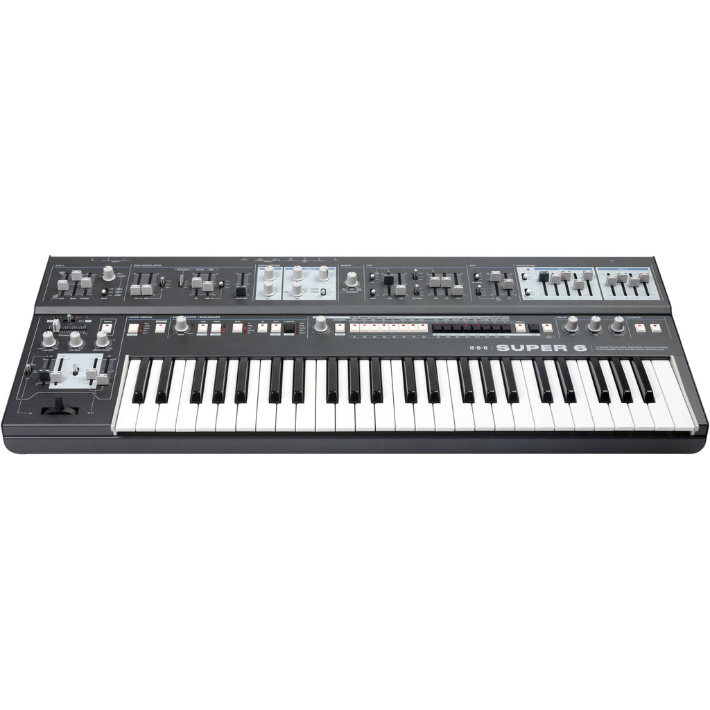 UDO Audio Super 6 synthesizer keyboard with multiple control knobs and keys, showcasing its sleek design and advanced features.