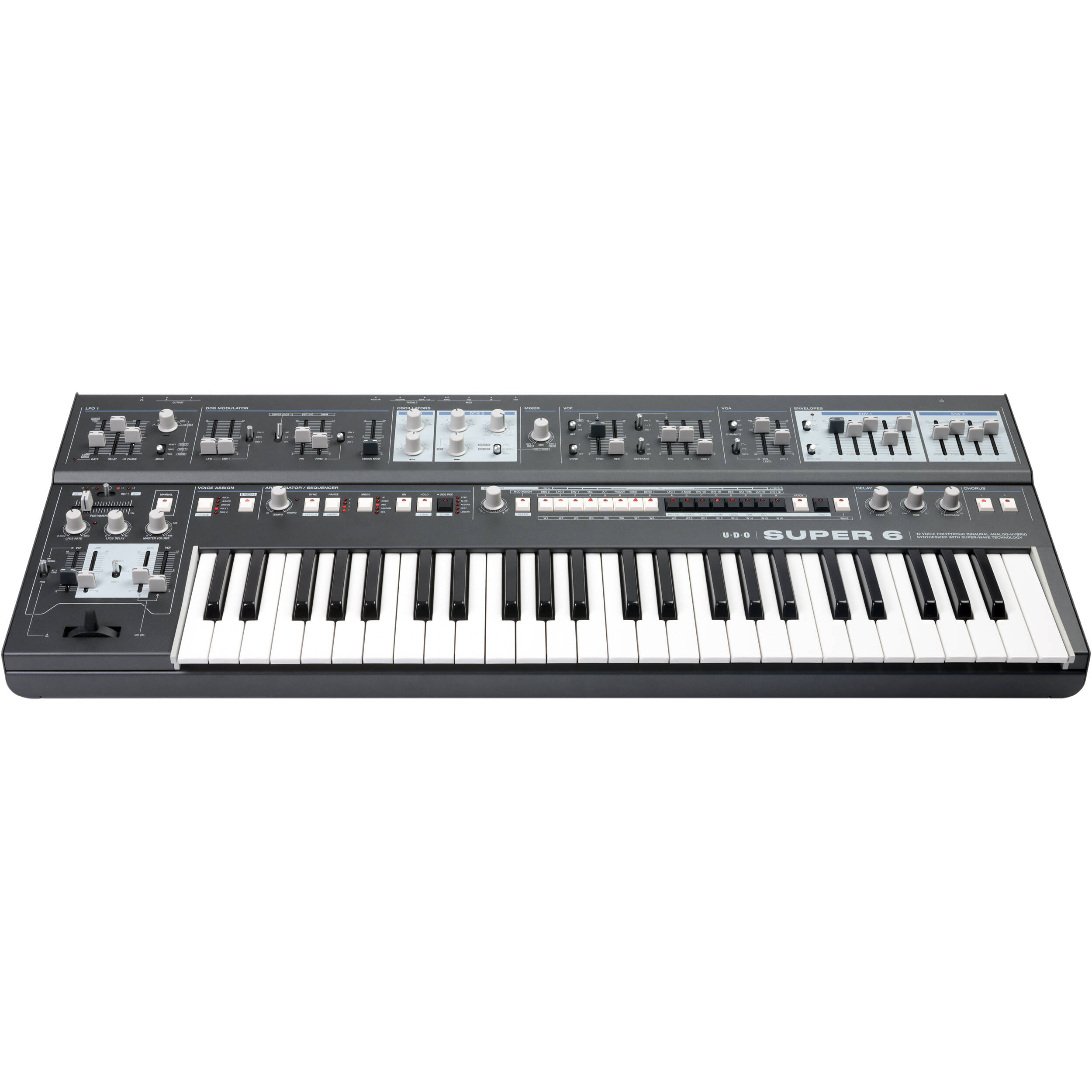 UDO Audio Super 6 synthesizer keyboard with multiple control knobs and keys, showcasing its sleek design and advanced features.