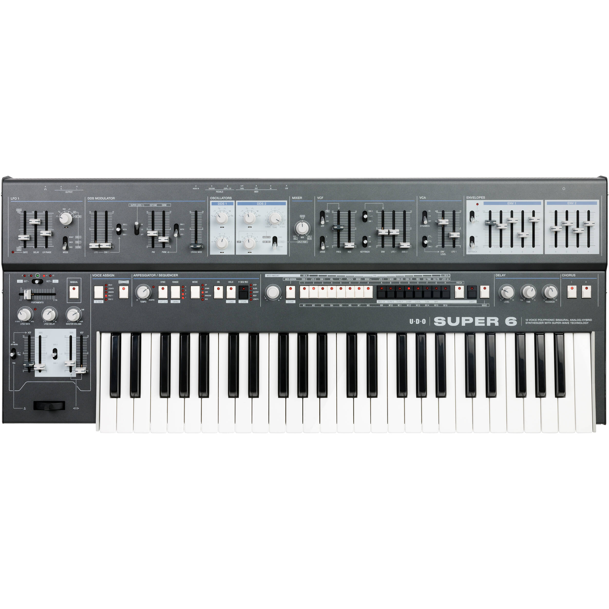 UDO Audio Super 6 synthesizer keyboard with multiple control knobs and keys, showcasing its modern design and interface.