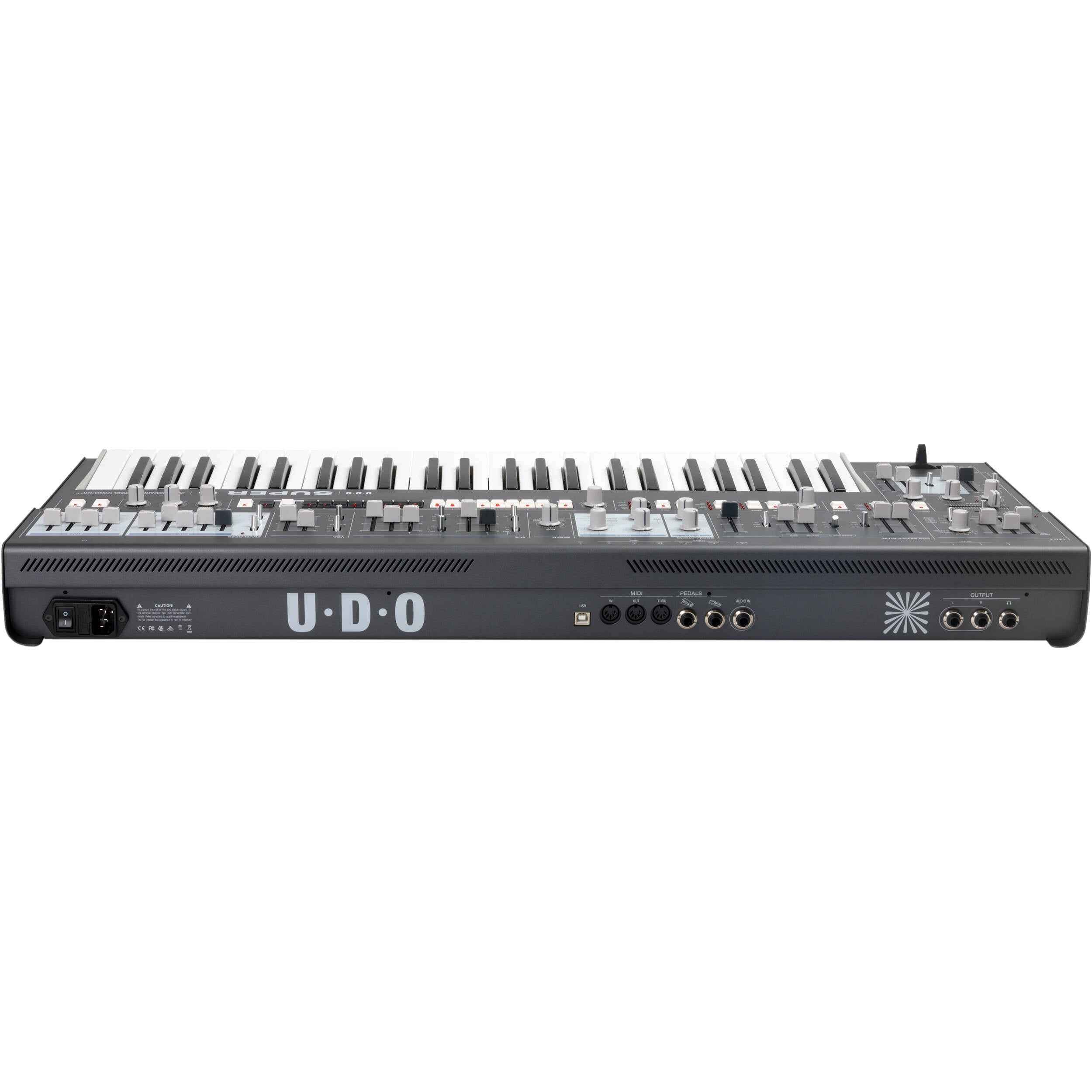 UDO Audio Super 6 synthesizer keyboard with multiple control knobs and keys, showcasing its professional design and layout.