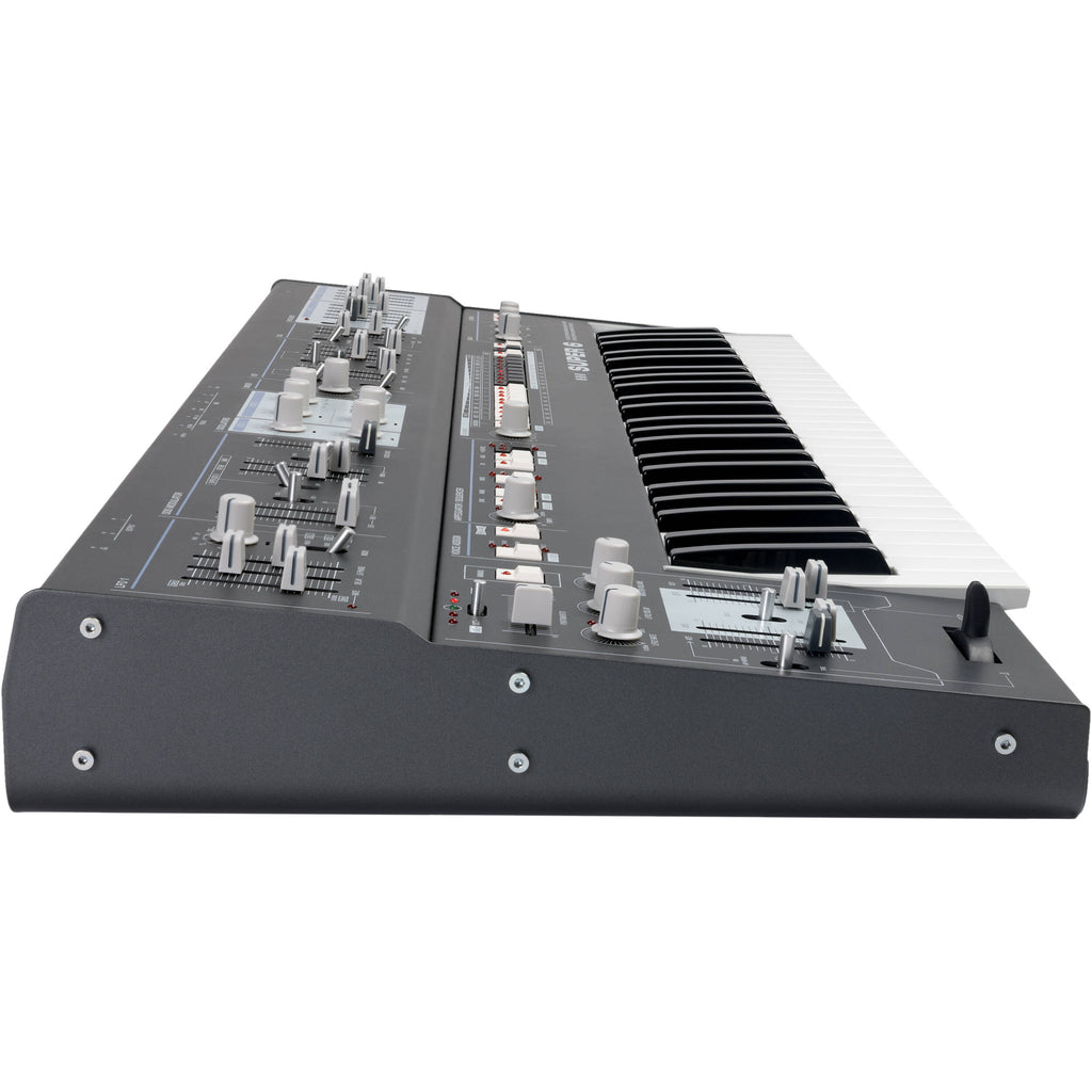 UDO Audio Super 6 synthesizer keyboard with multiple knobs and keys, showcasing its professional design and controls.