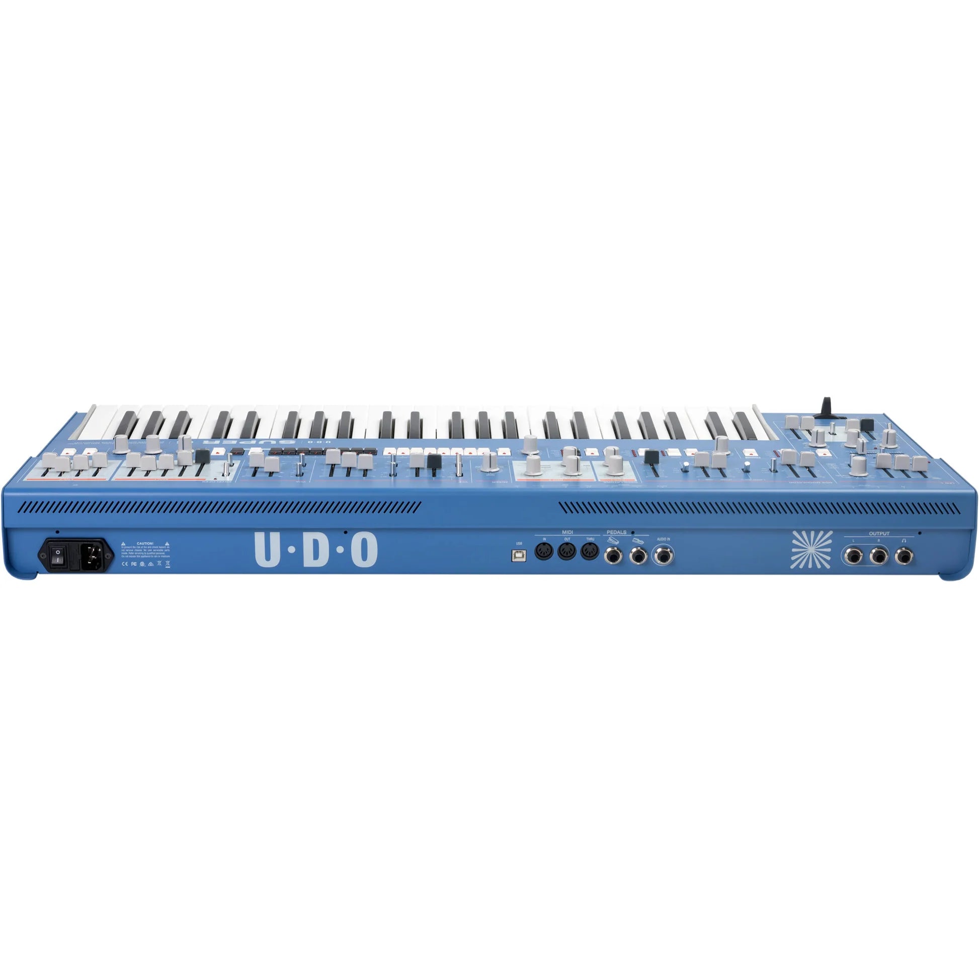 UDO Audio Super 6 synthesizer keyboard with multiple keys and control knobs, designed for music production and sound shaping.