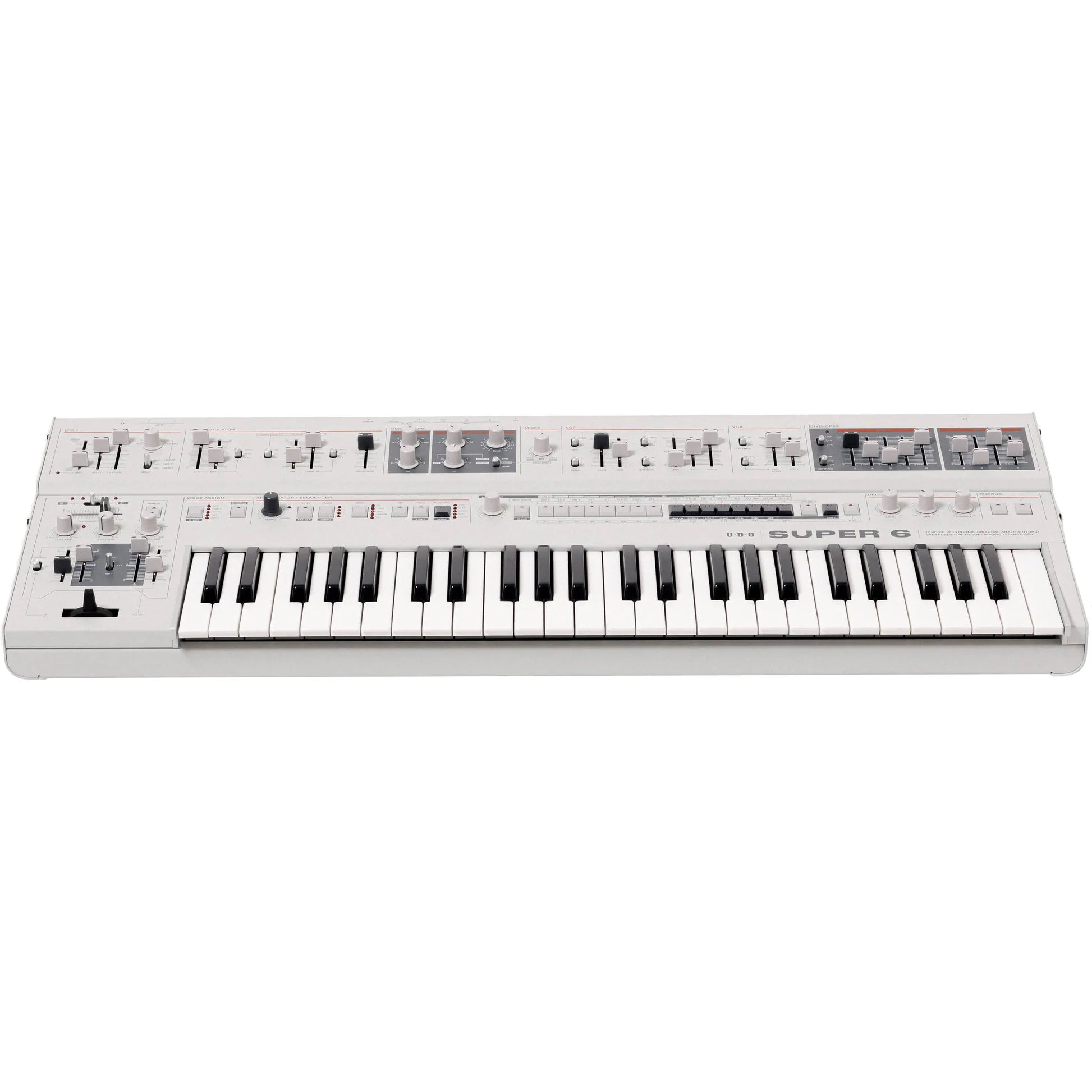 UDO Audio Super 6 synthesizer keyboard with multiple control knobs and a digital display, designed for music production.