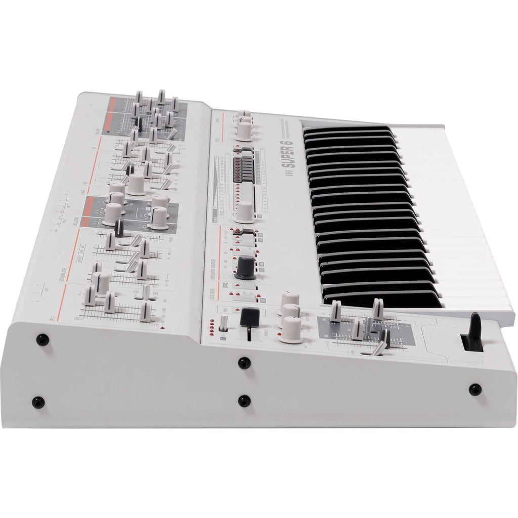 UDO Audio Super 6 synthesizer keyboard with multiple knobs and keys, showcasing its modern design and control interface.