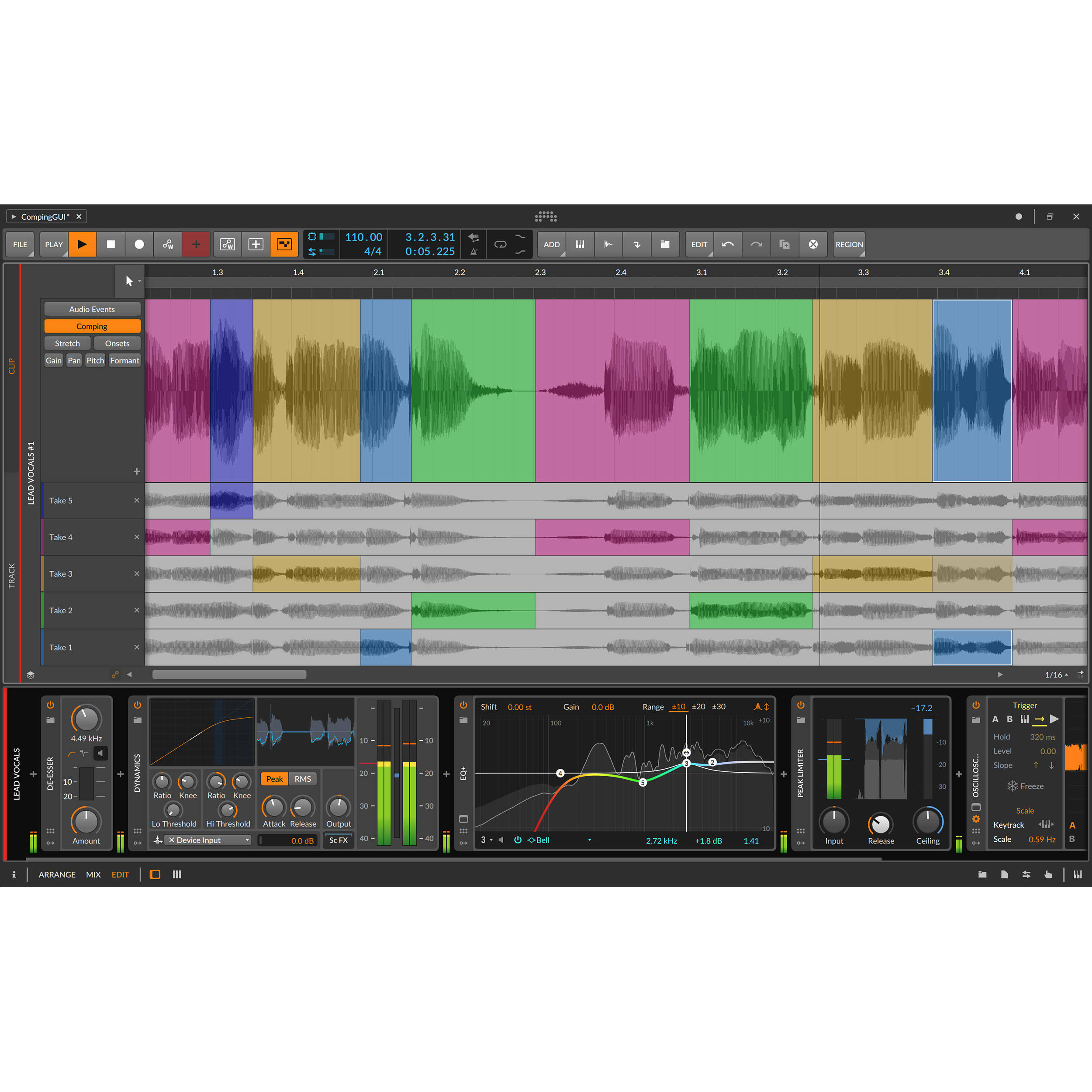 Bitwig Studio 5 music production software interface showing colorful tracks and digital controls on a computer screen.