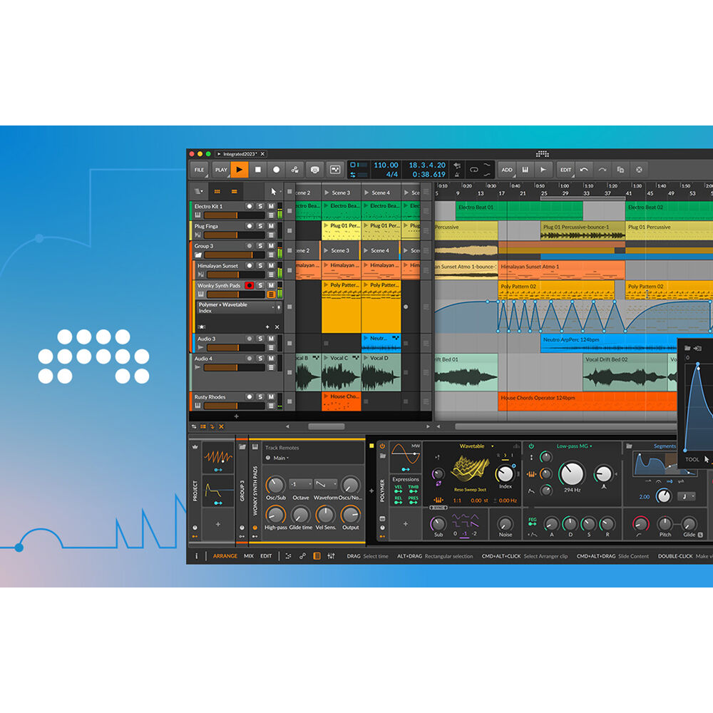 Bitwig Studio Essentials 5 music production software interface with digital audio tracks and editing tools displayed on screen.