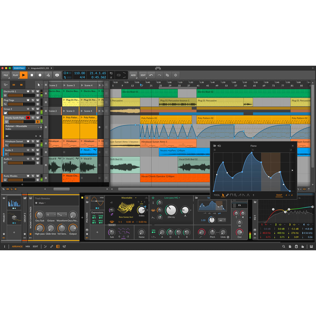 Bitwig Studio Essentials 5 music production software interface with digital audio tools and track layout.
