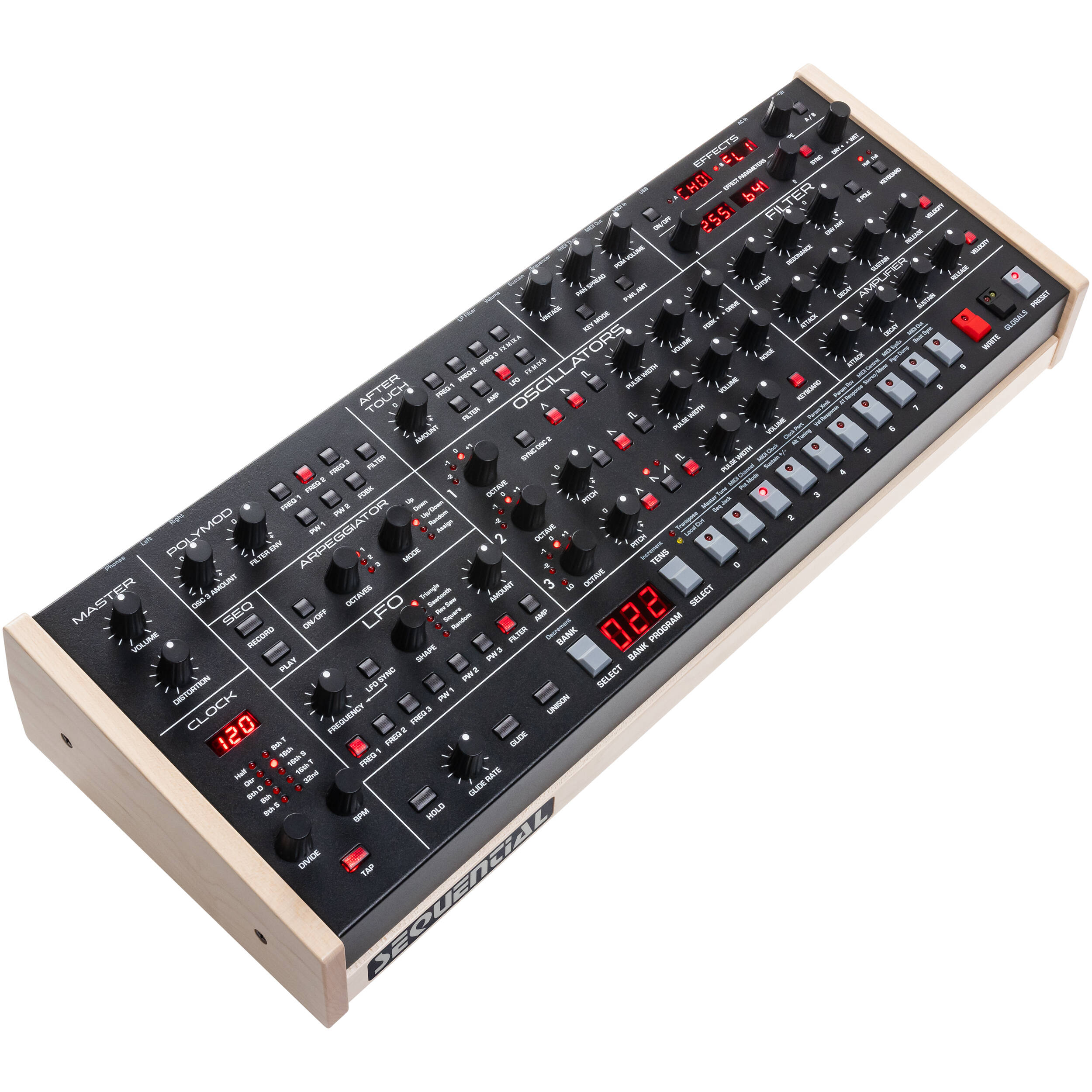 Sequential Trigon-6 desktop synthesizer with knobs and keys, showcasing its compact design and control panel.
