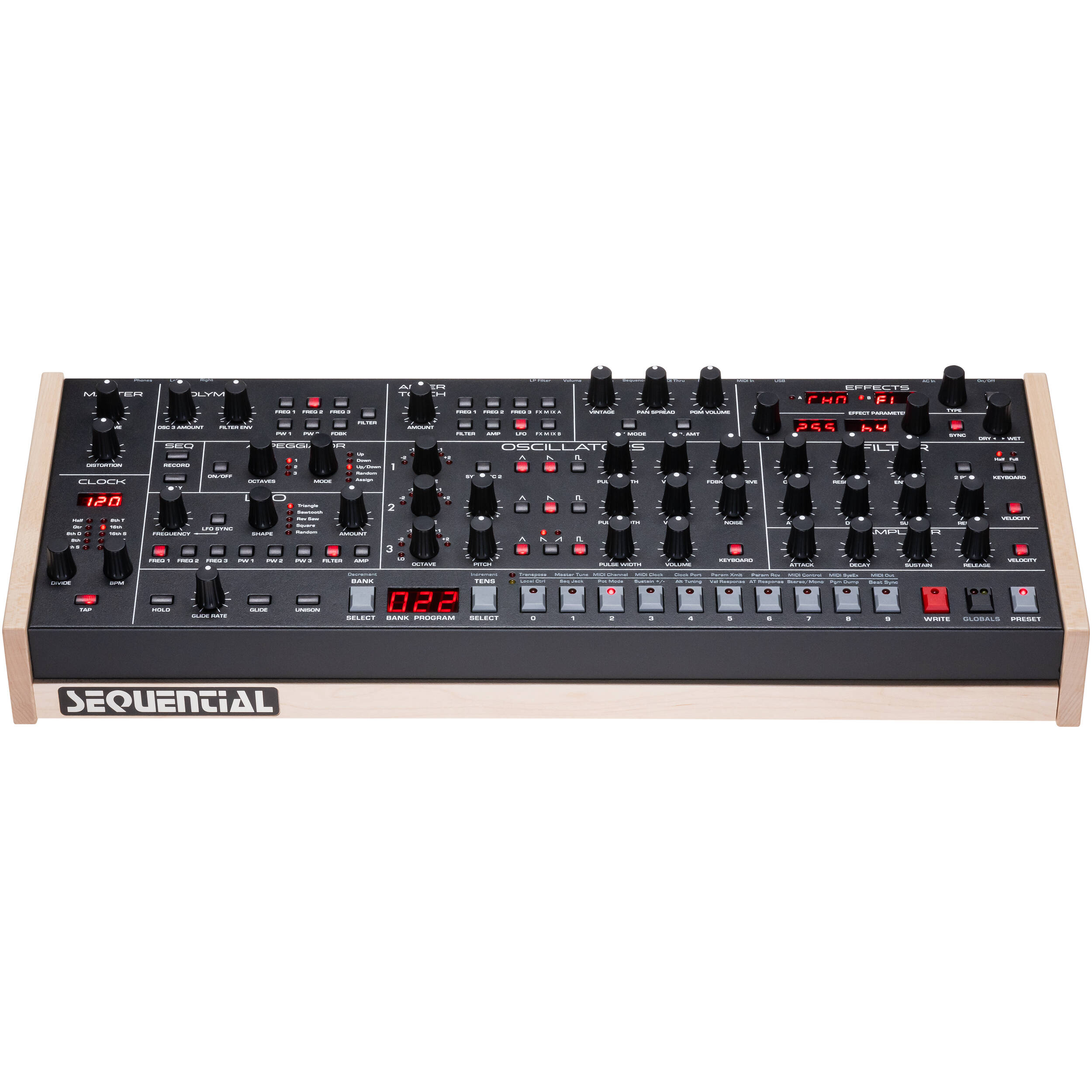 Sequential Trigon-6 desktop synthesizer with control knobs and patch points, showcasing its modern design and electronic interface.
