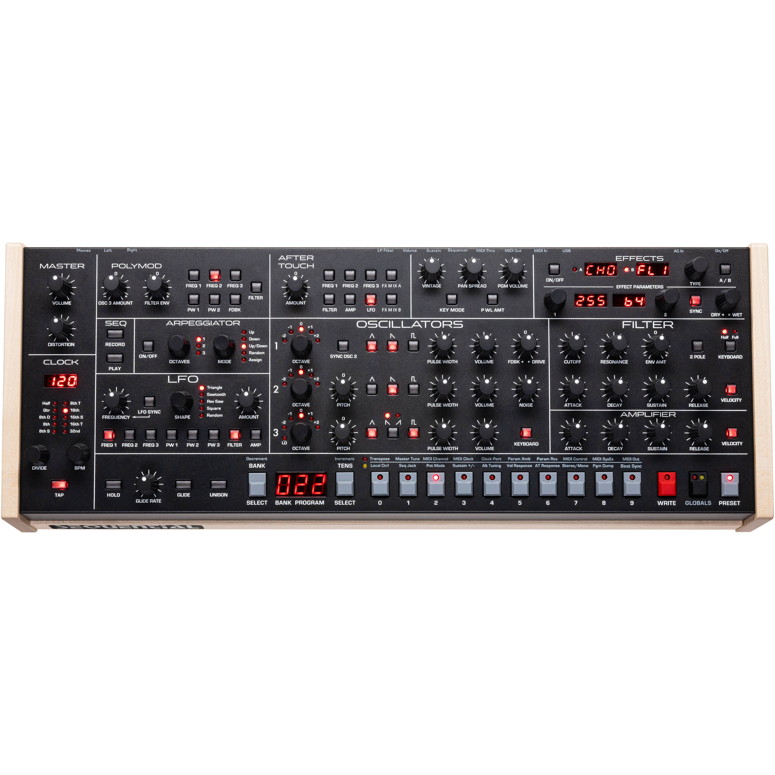 Sequential Trigon-6 desktop synthesizer with a sleek black panel, multiple control knobs, and a compact design for music production.