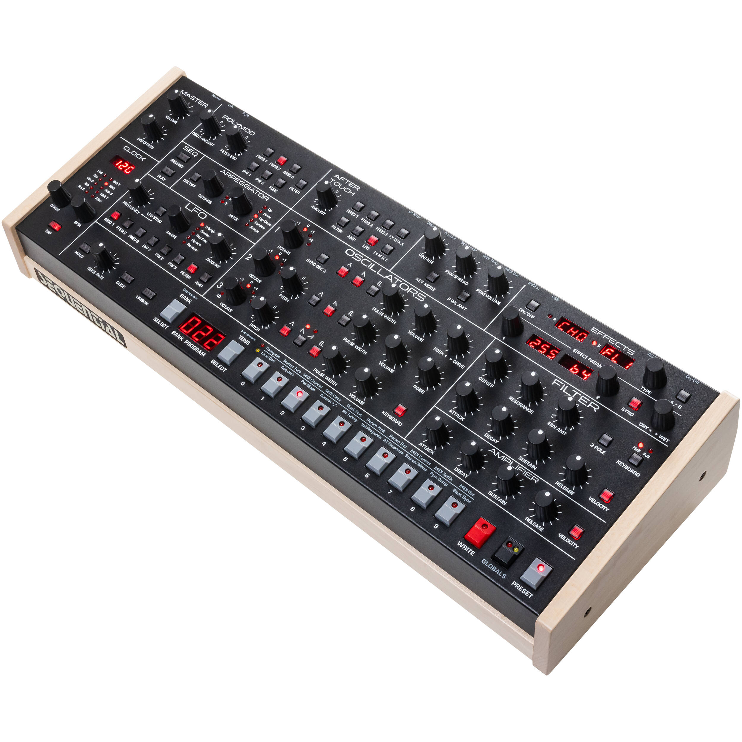 Sequential Trigon-6 desktop synthesizer with a sleek design, featuring various knobs and a digital display for sound modulation.