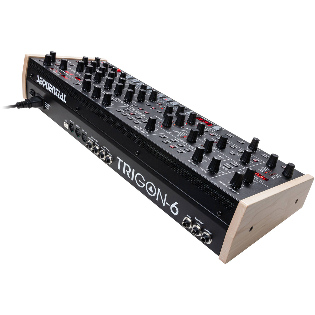 Sequential Trigon-6 desktop synthesizer with knobs and keys, compact design, and modern interface for music production.