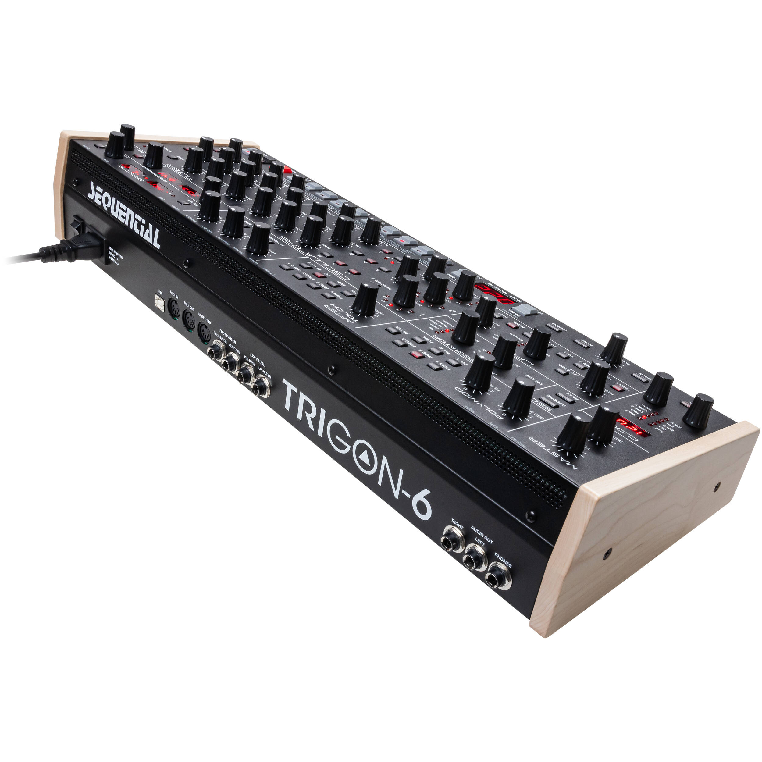Sequential Trigon-6 desktop synthesizer with knobs and keys, compact design, and modern interface for music production.