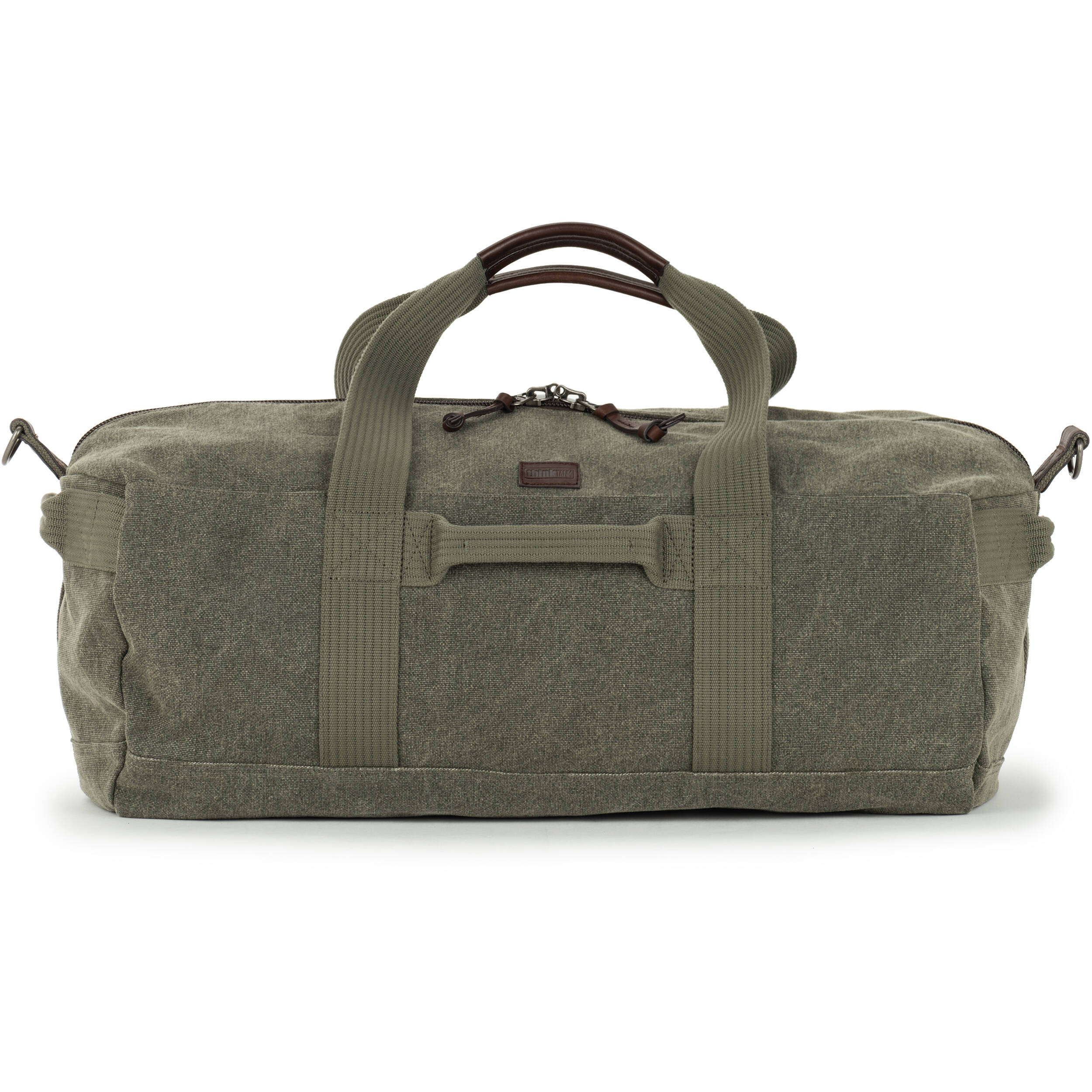 Think Tank Retrospective Duffel used as a video equipment bag with multiple compartments and a shoulder strap for travel.
