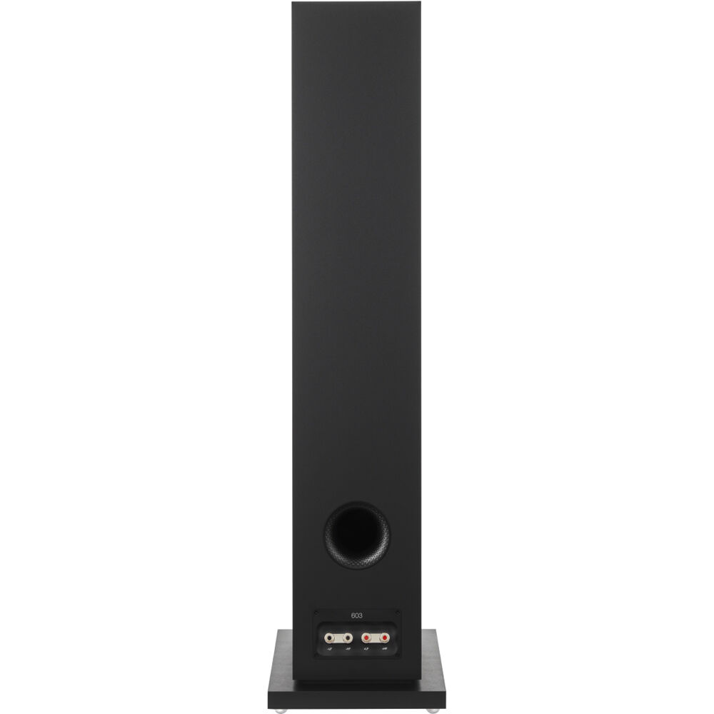 Bowers & Wilkins 603 S3 passive floorstanding speakers with sleek black cabinets and multiple driver units.