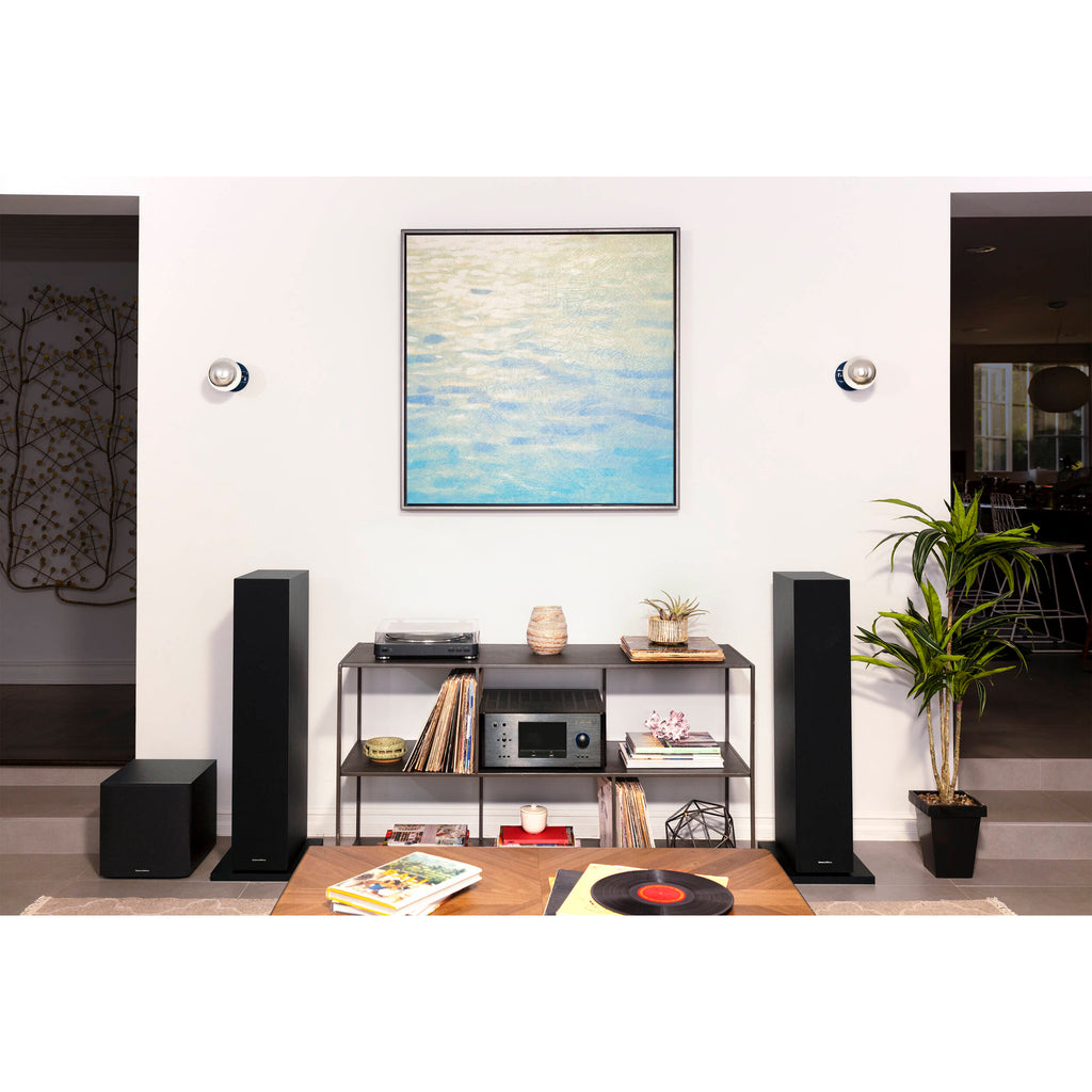 Bowers & Wilkins 603 S3 passive floorstanding speakers with sleek black cabinets and silver speaker grilles.
