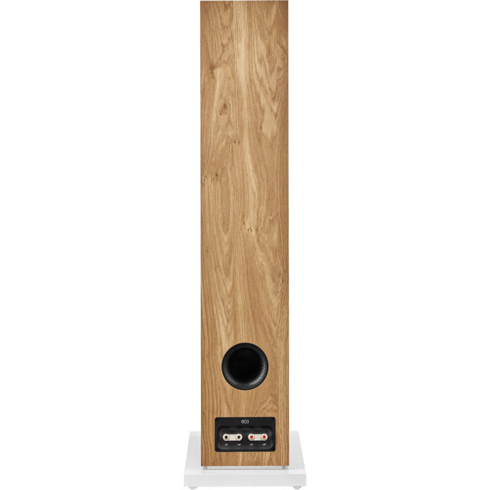 Bowers & Wilkins 603 S3 passive floorstanding speakers with sleek black cabinets and detailed speaker drivers.