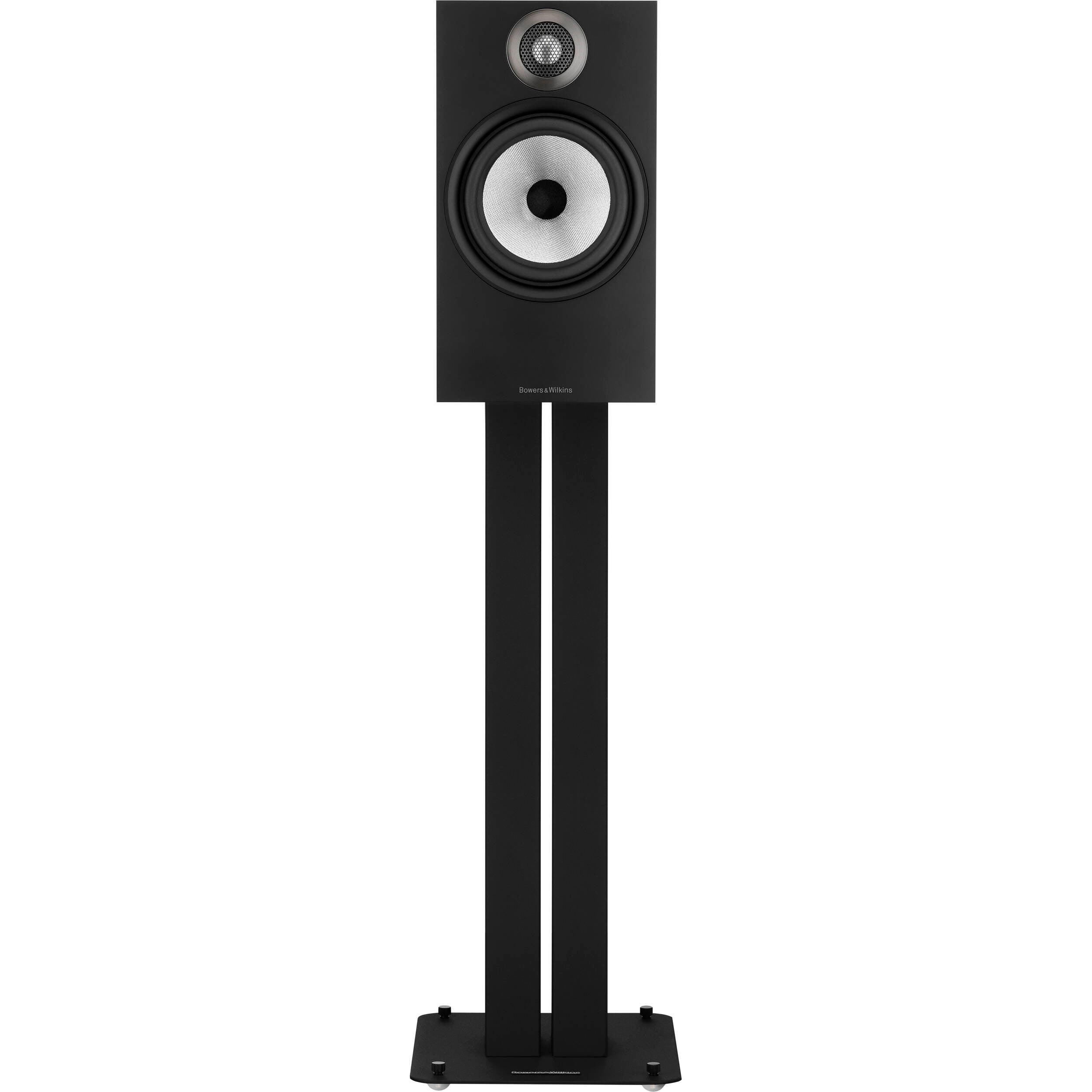 Bowers & Wilkins 606 S3 passive bookshelf speakers showing the sleek black speaker cabinets and drivers.