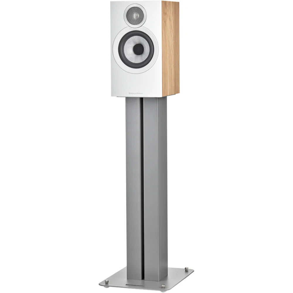 Bowers & Wilkins 607 S3 passive bookshelf speakers with black cabinets and elegant design, showcasing front view of the speakers.
