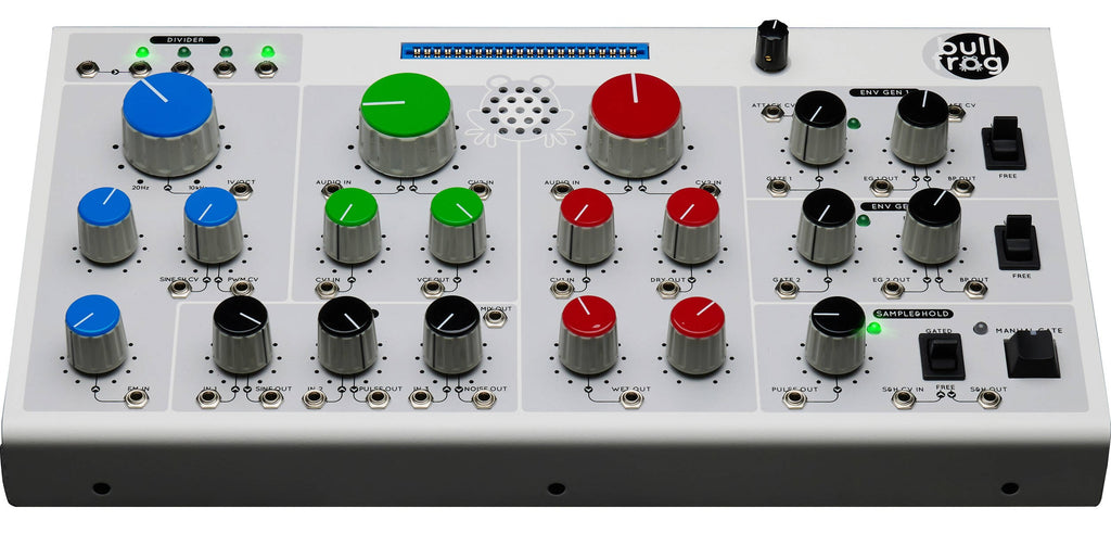 Erica Synths Bullfrog desktop synthesizer with knobs and patch points, featuring a compact black metal case and colorful control interface.