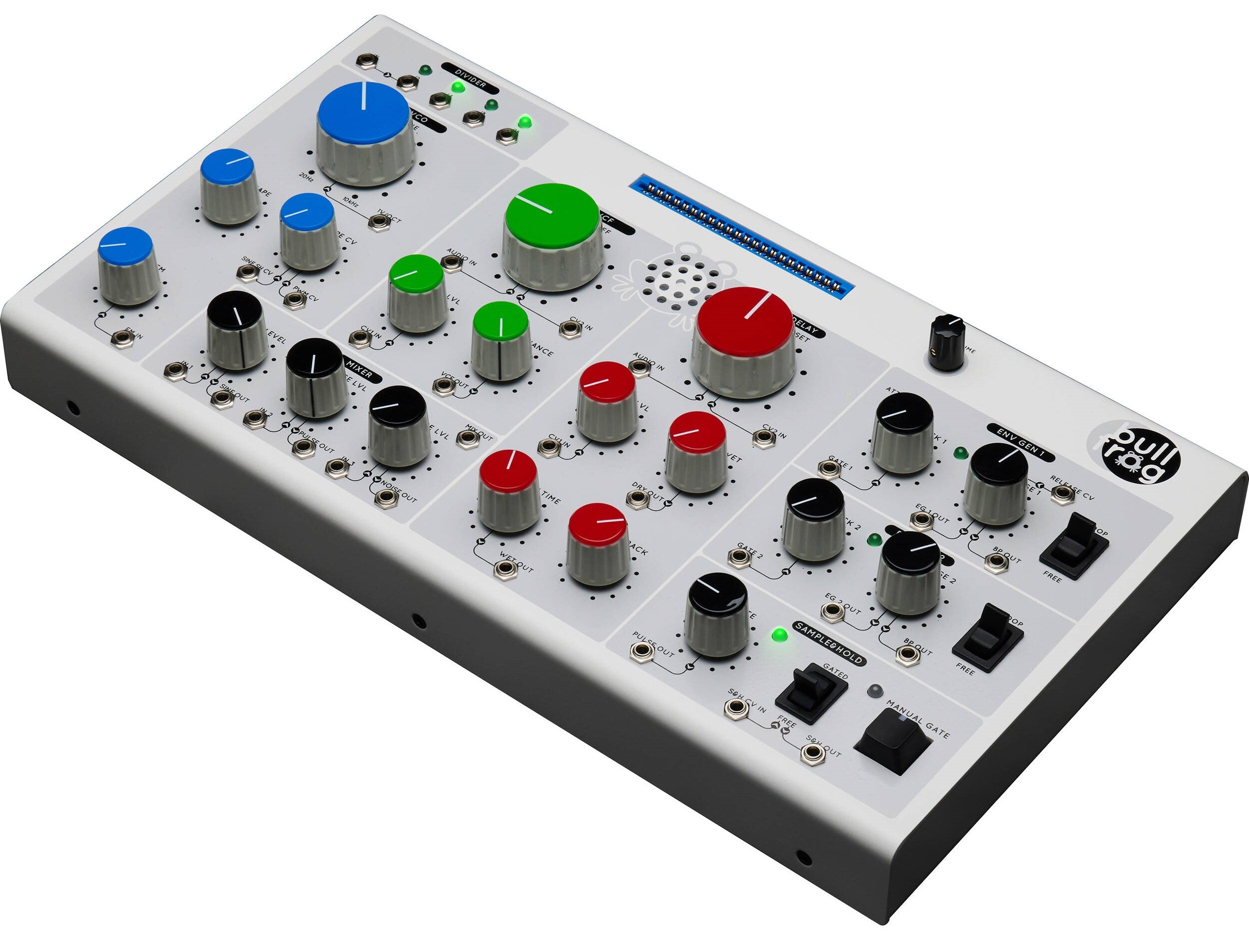 Erica Synths Bullfrog desktop synthesizer with knobs, patch points, and vintage-style design for electronic music production.