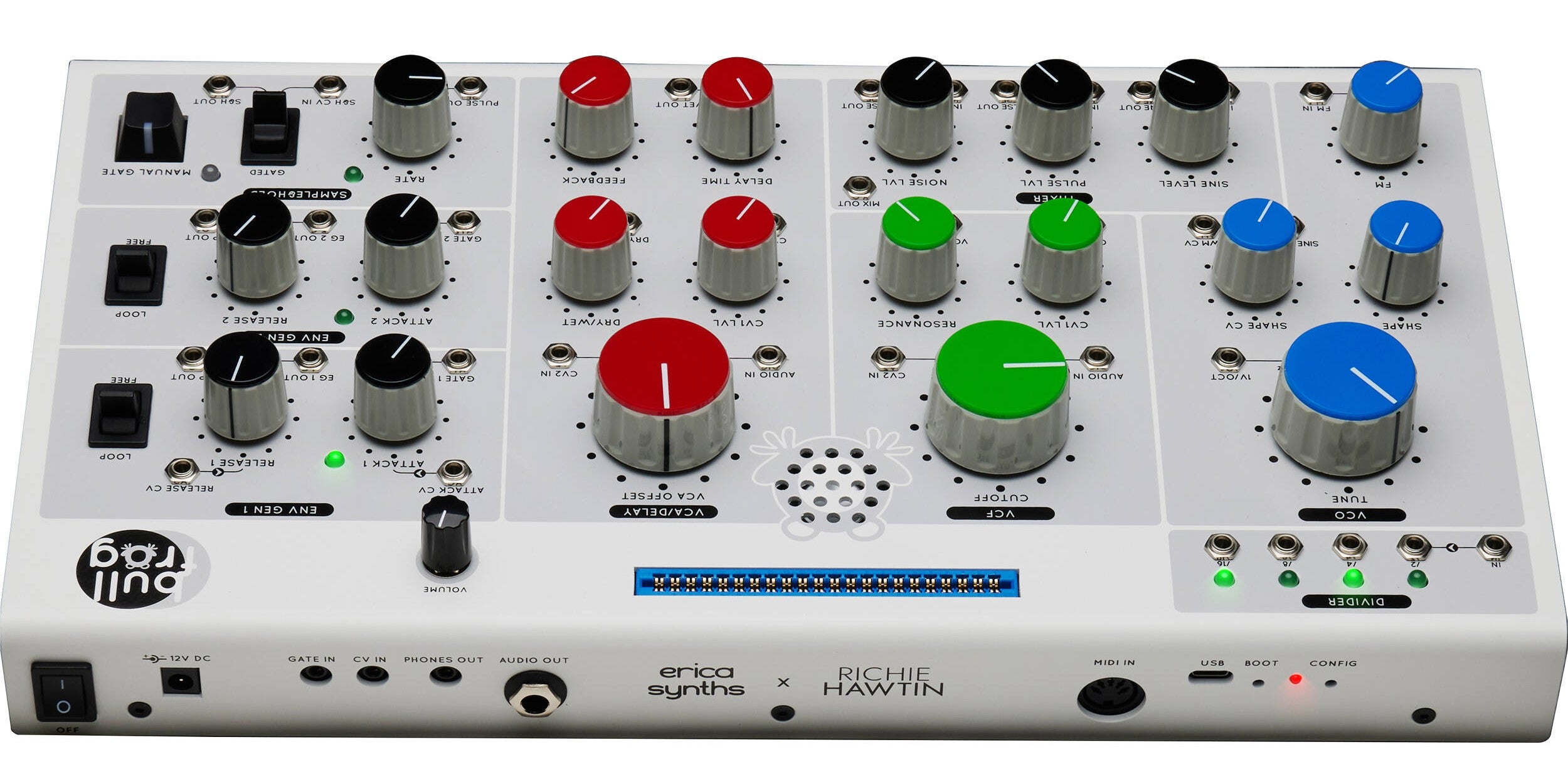 Erica Synths Bullfrog desktop synthesizer with knobs, switches, and patch points for electronic music production.