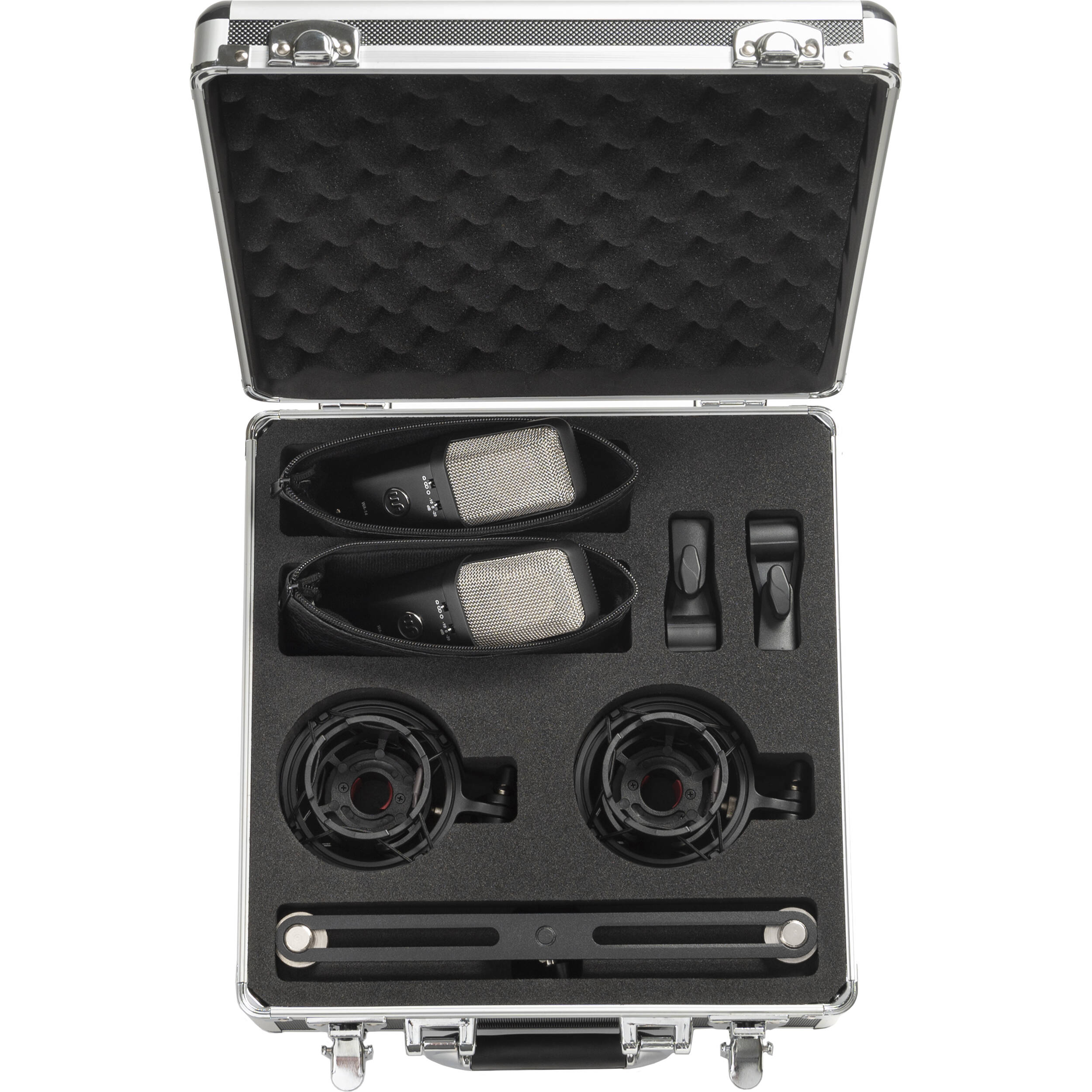Warm Audio WA-14SP condenser microphone with gold grille and black body, shown on a stand for studio recording.